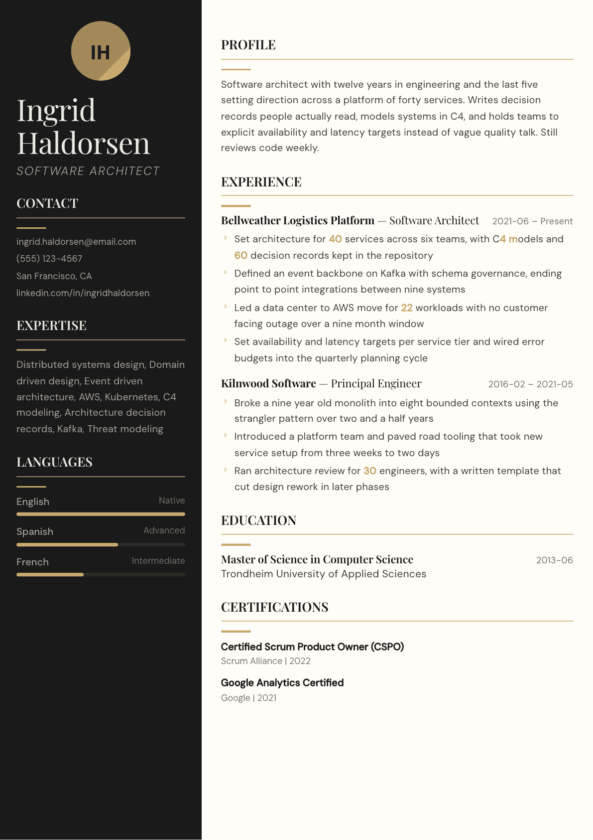 Software Architect resume example, Obsidian template
