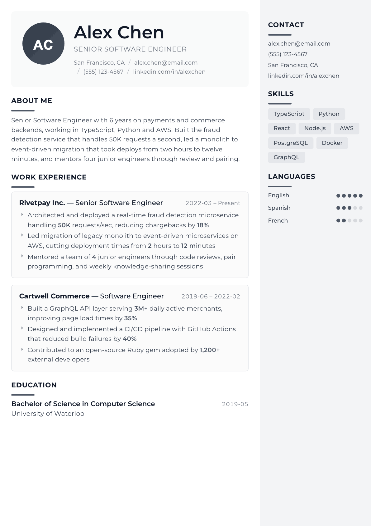 Software Engineer resume example, Metropolitan template