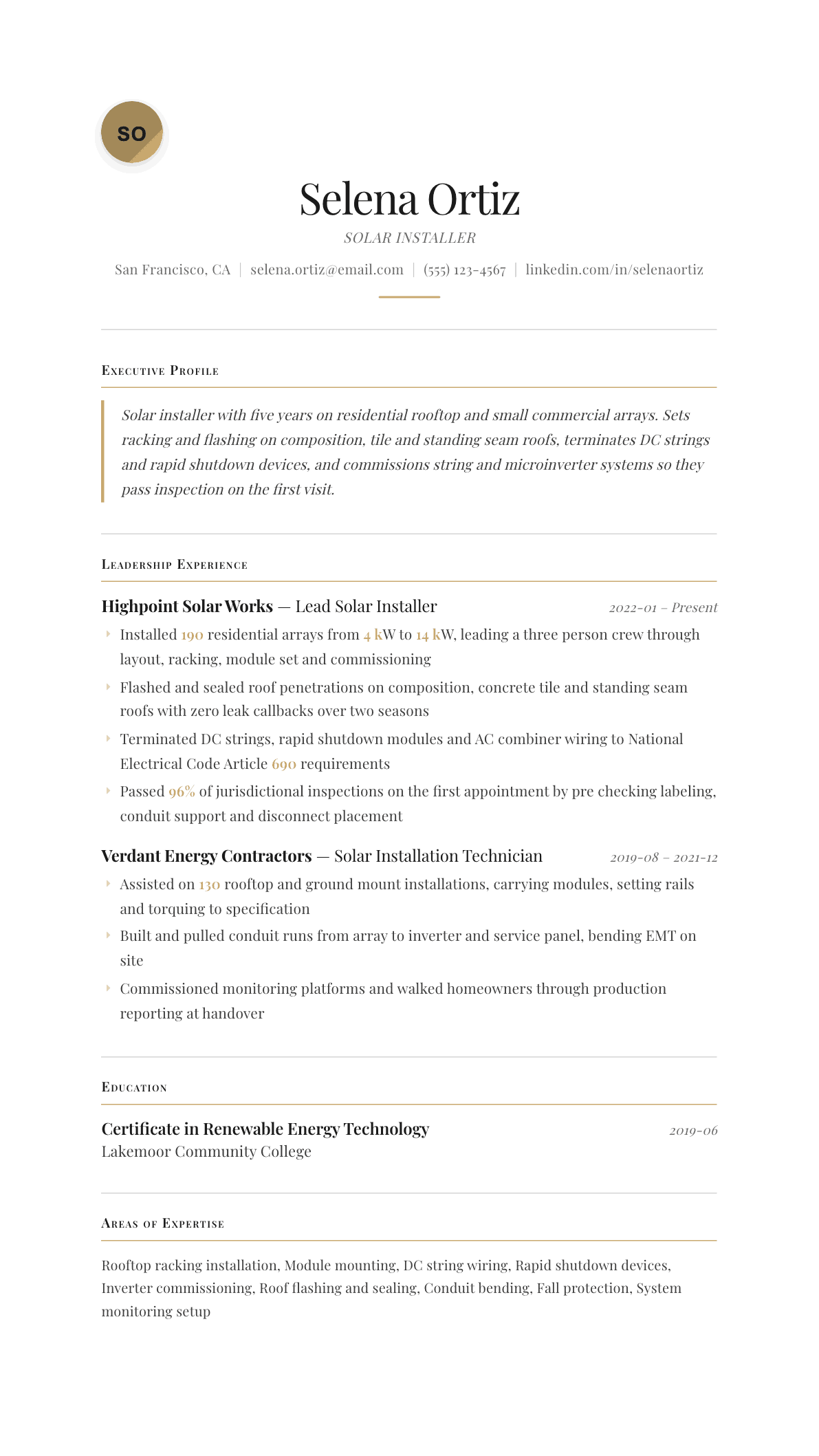 Solar Installer resume example, Chancellor template