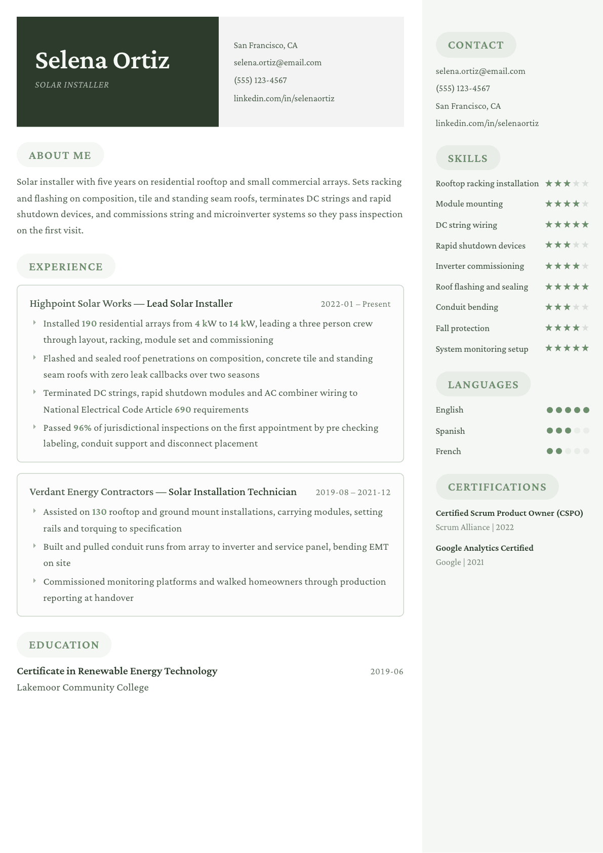 Solar Installer resume example, Mayfair template