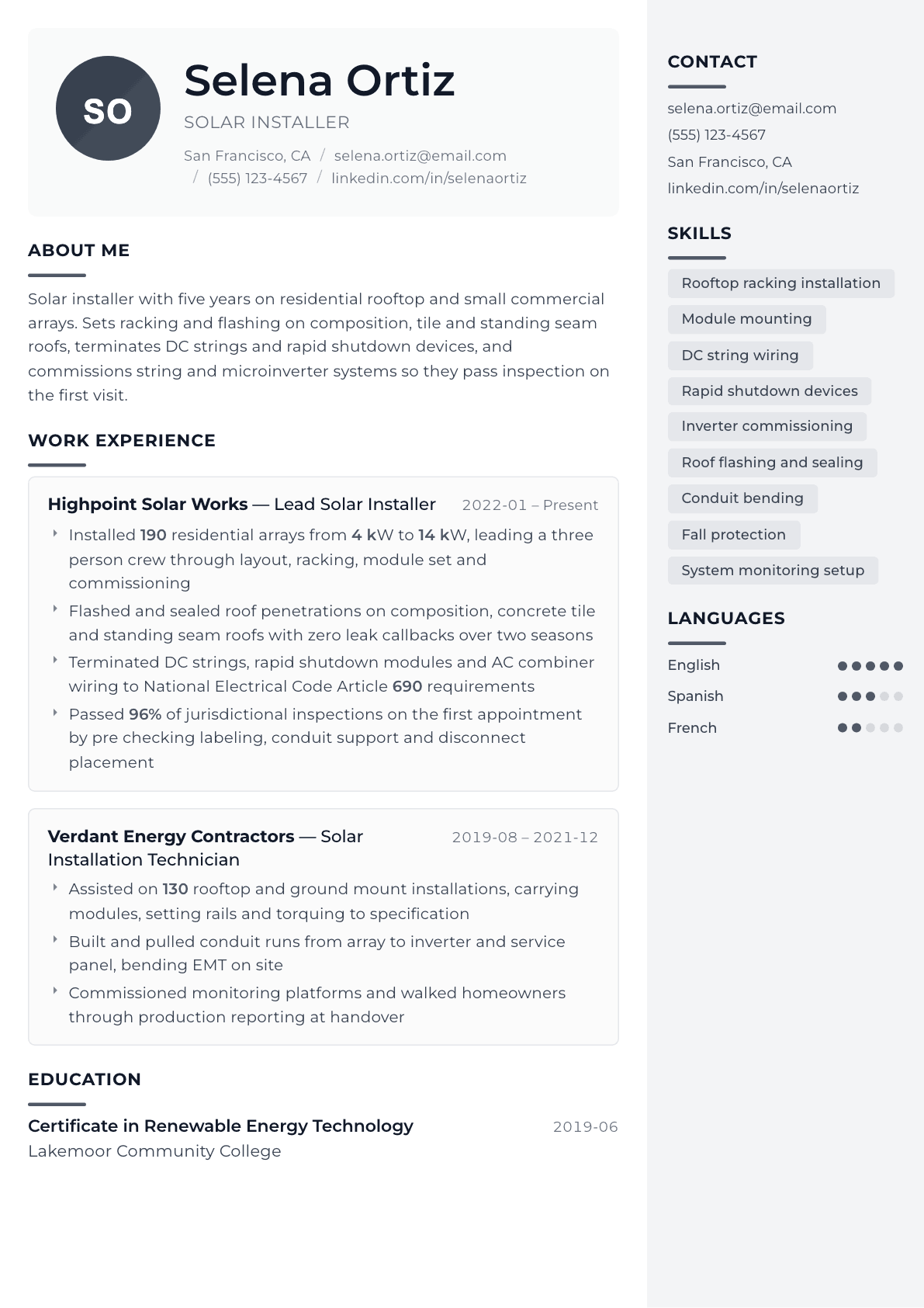 Solar Installer resume example, Metropolitan template