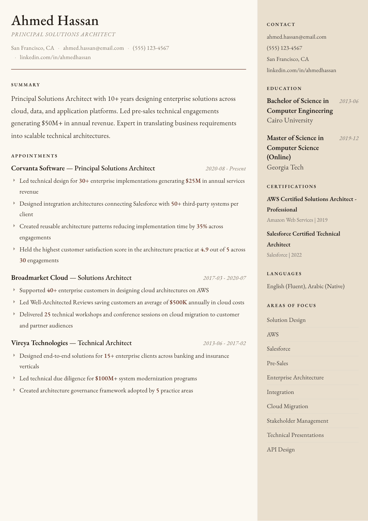 Solutions Architect resume example, Manuscript template