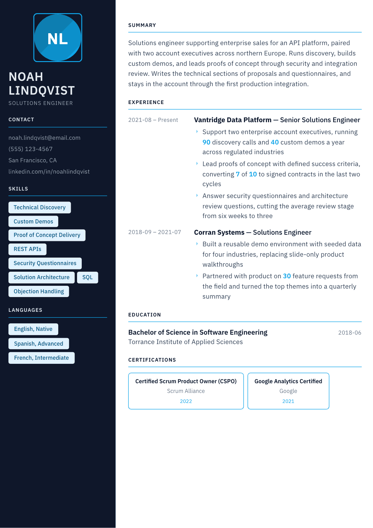 Solutions Engineer resume example, Everest template