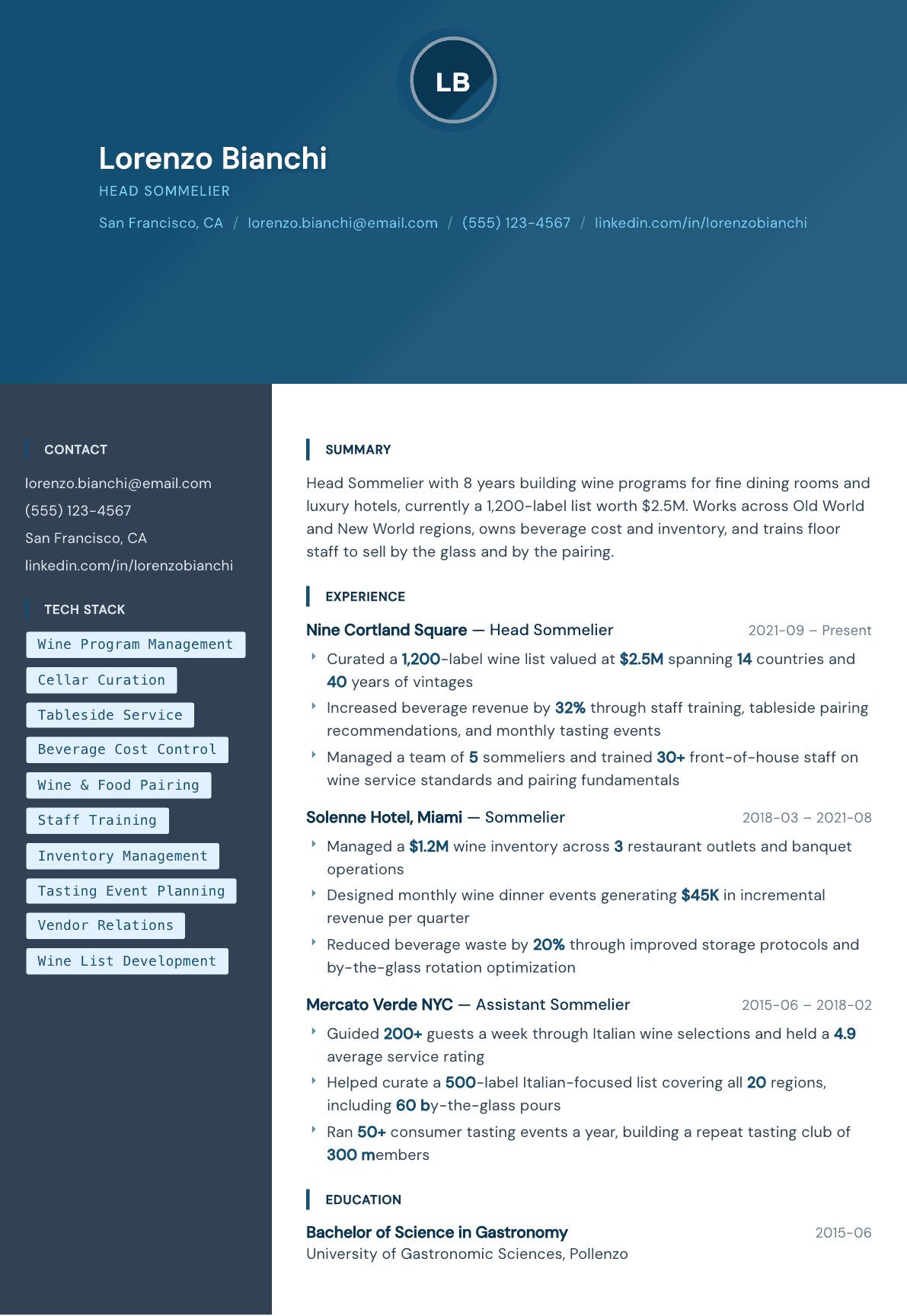 Sommelier resume example, Prism template