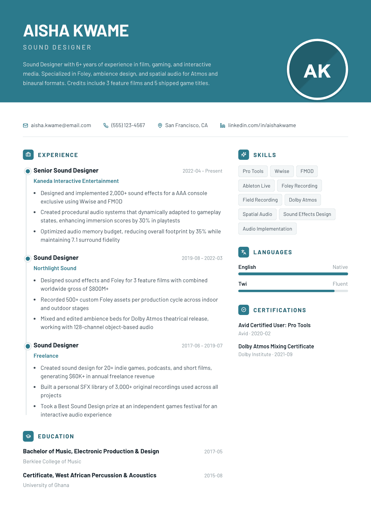 Sound Designer resume example, Harbor template