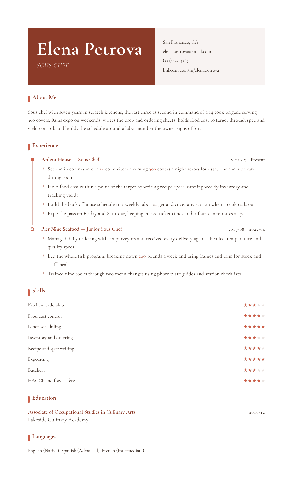 Sous Chef resume example, Artisan template