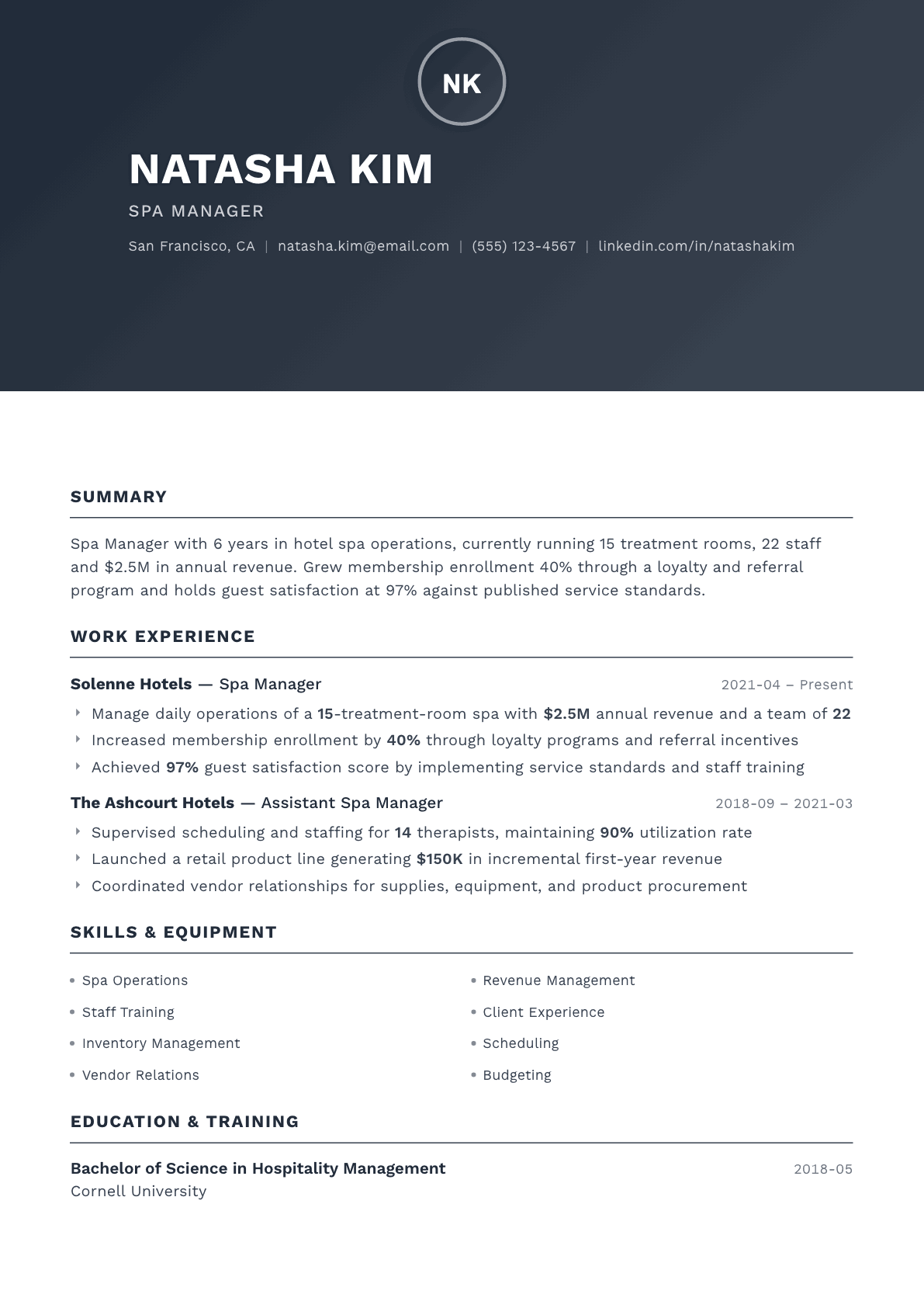 Spa Manager resume example, Foundation template