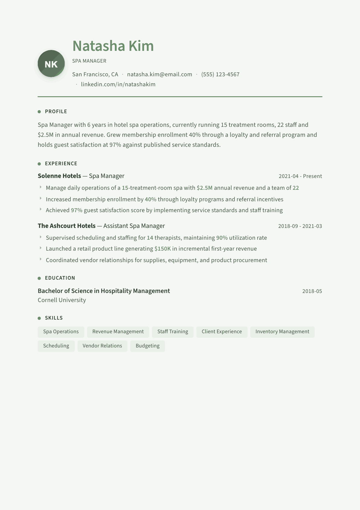 Spa Manager resume example, Sage Garden template