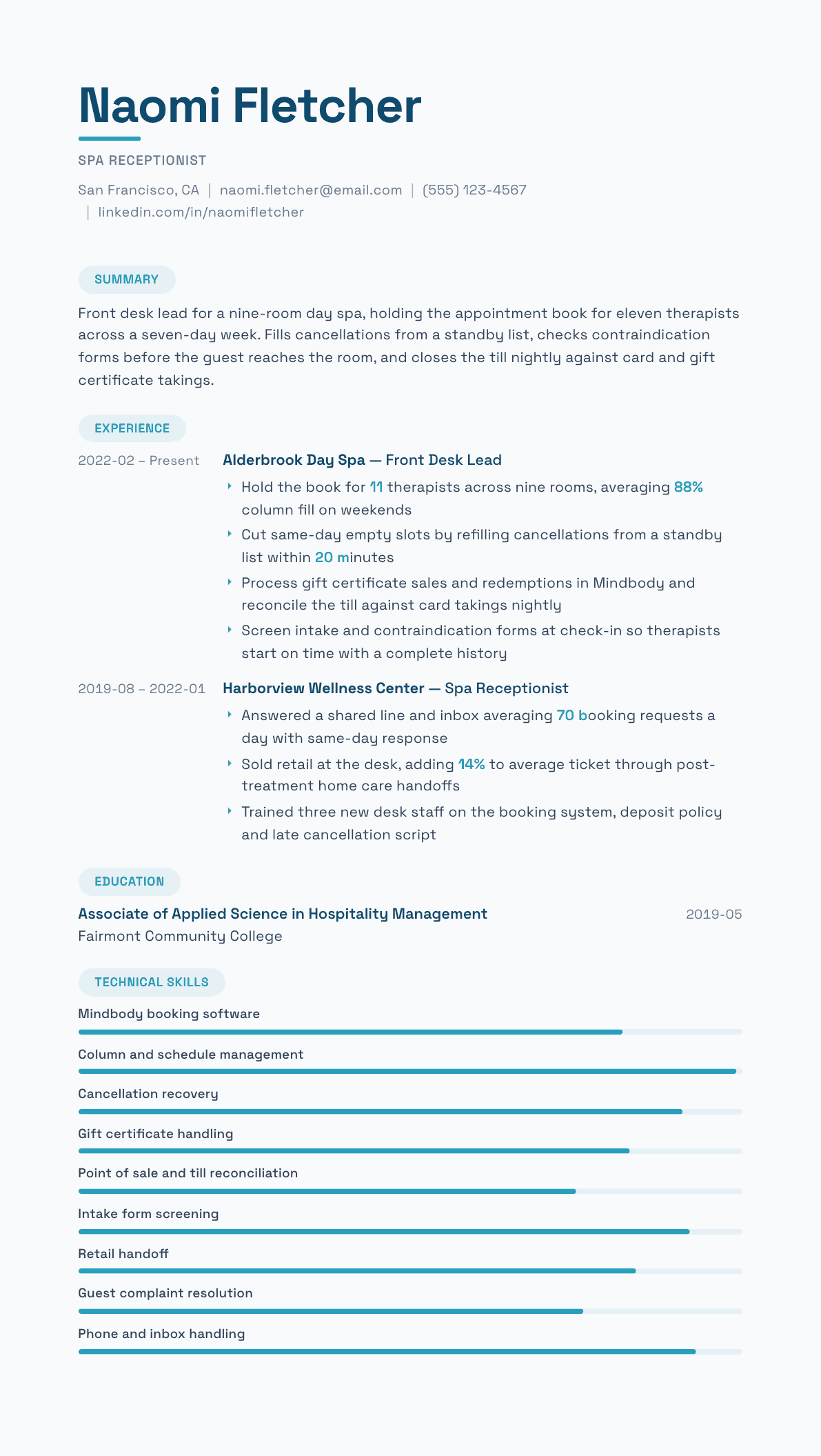 Spa Receptionist resume example, Horizon template