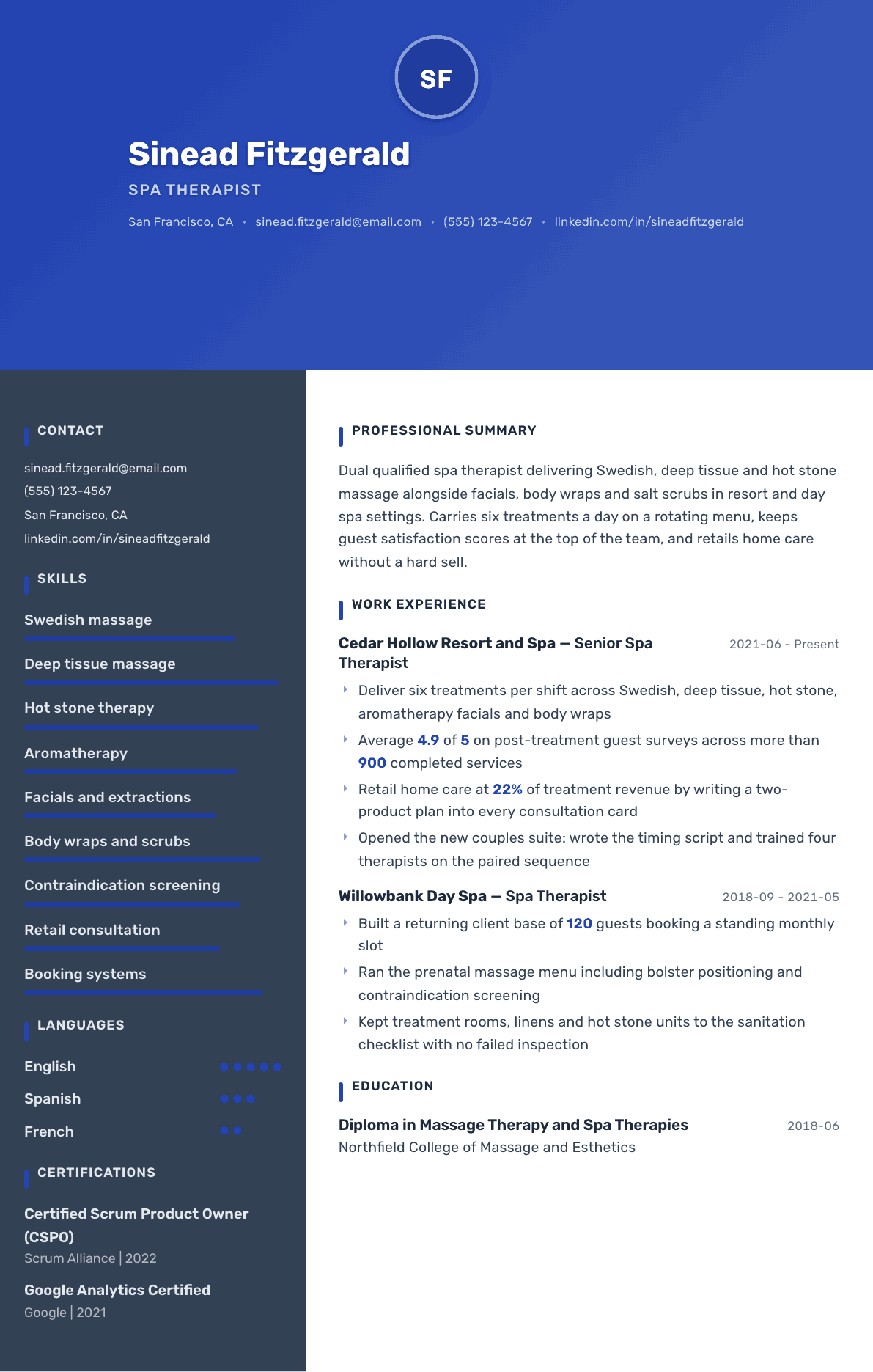 Spa Therapist resume example, Barcelona template