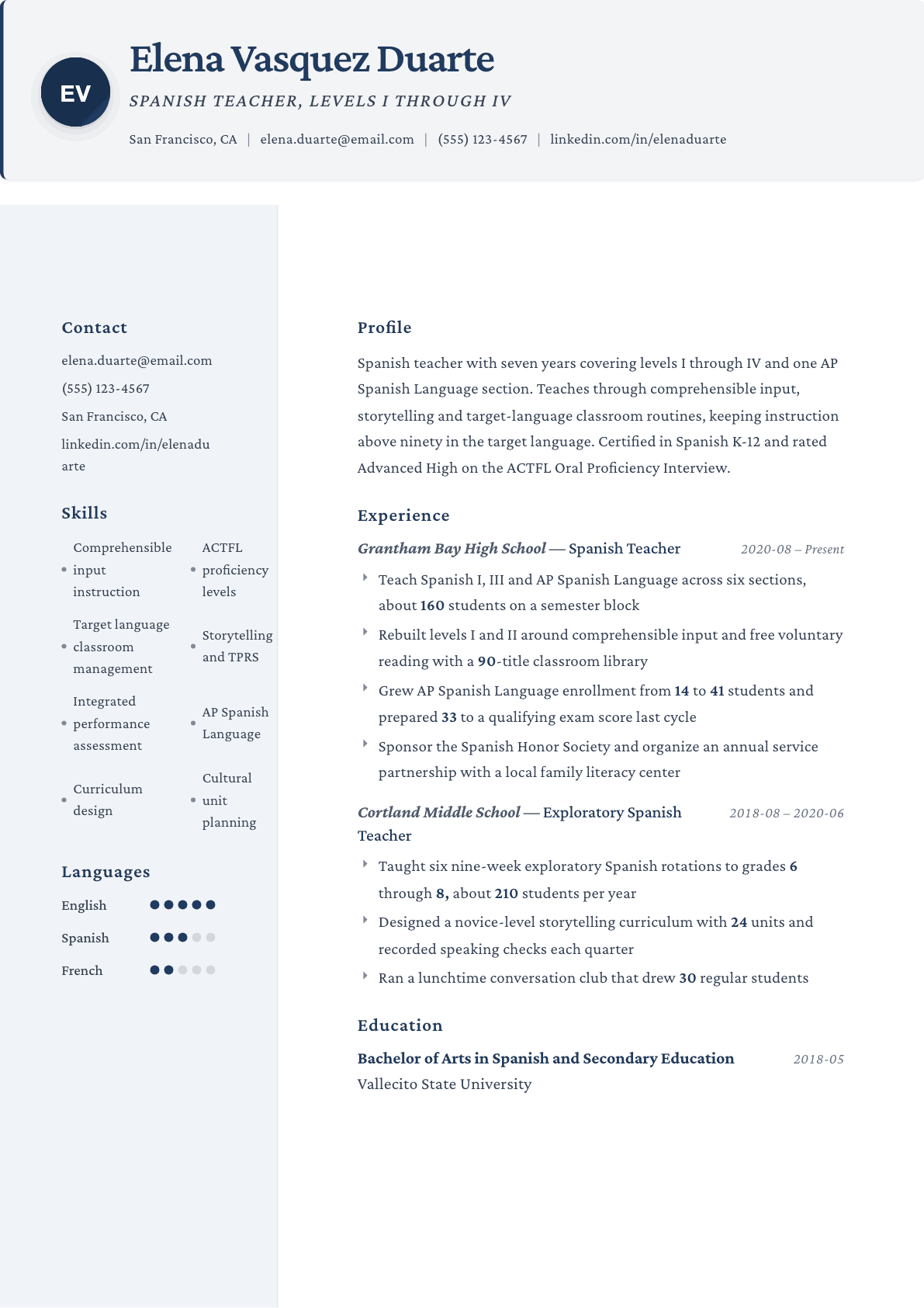 Spanish Teacher resume example, Formal template