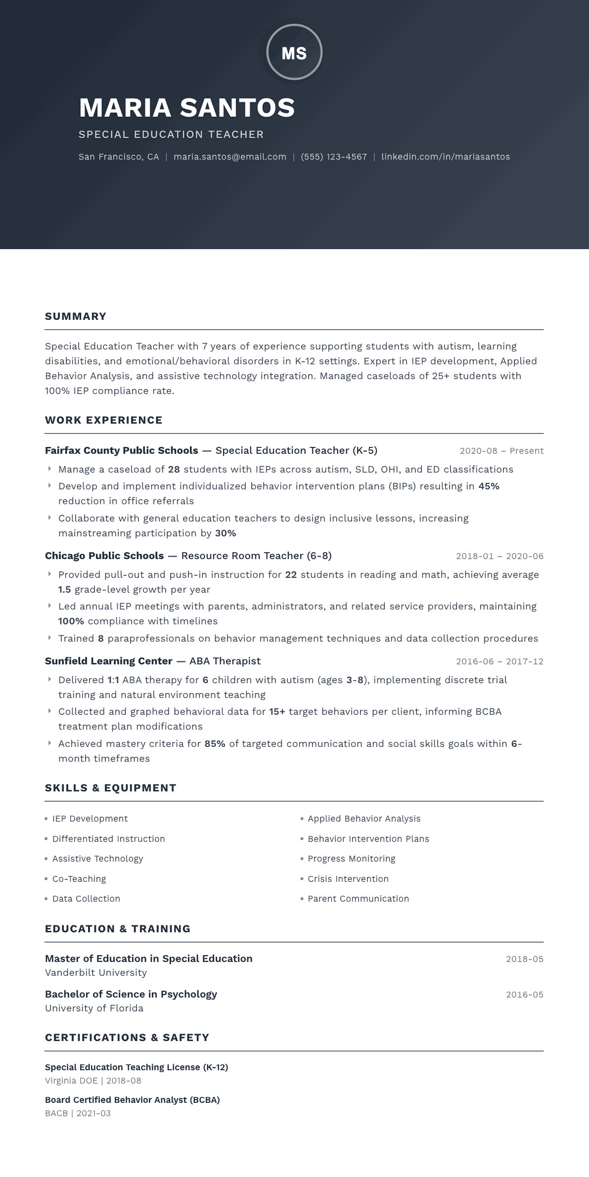 Special Education Teacher resume example, Foundation template