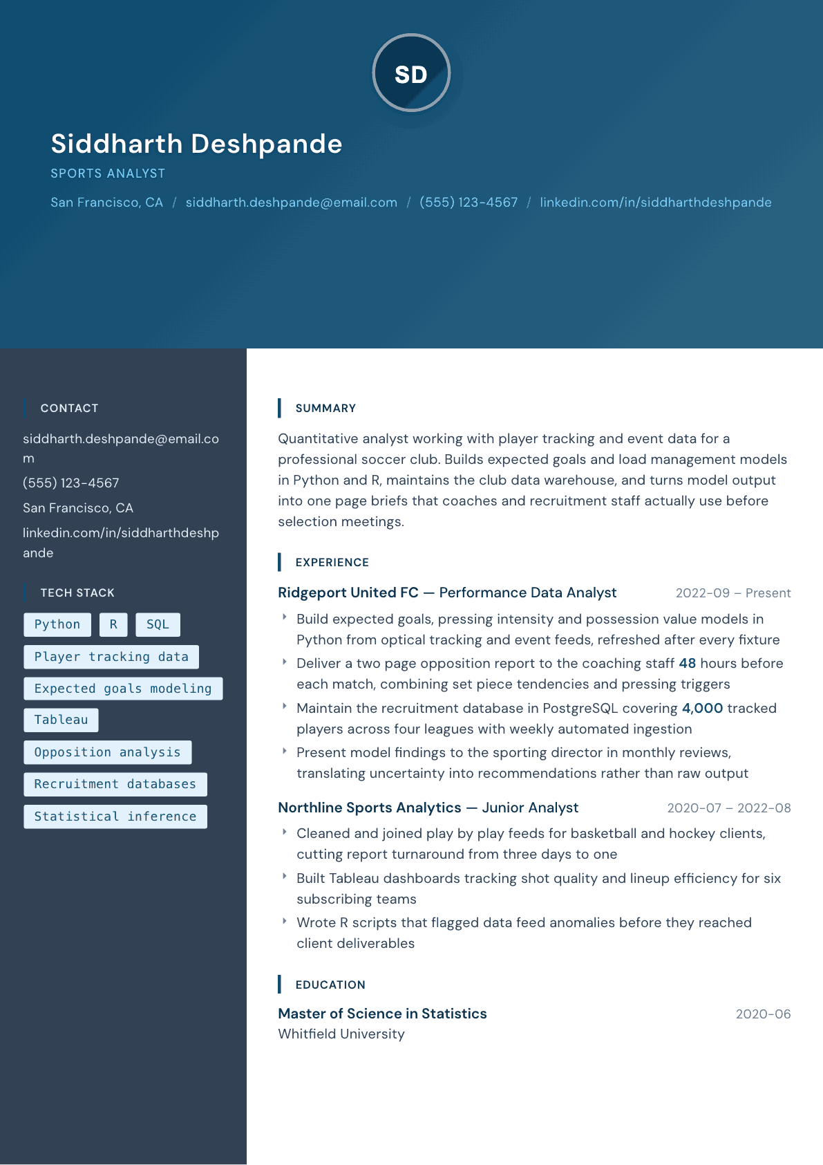 Sports Analyst resume example, Prism template