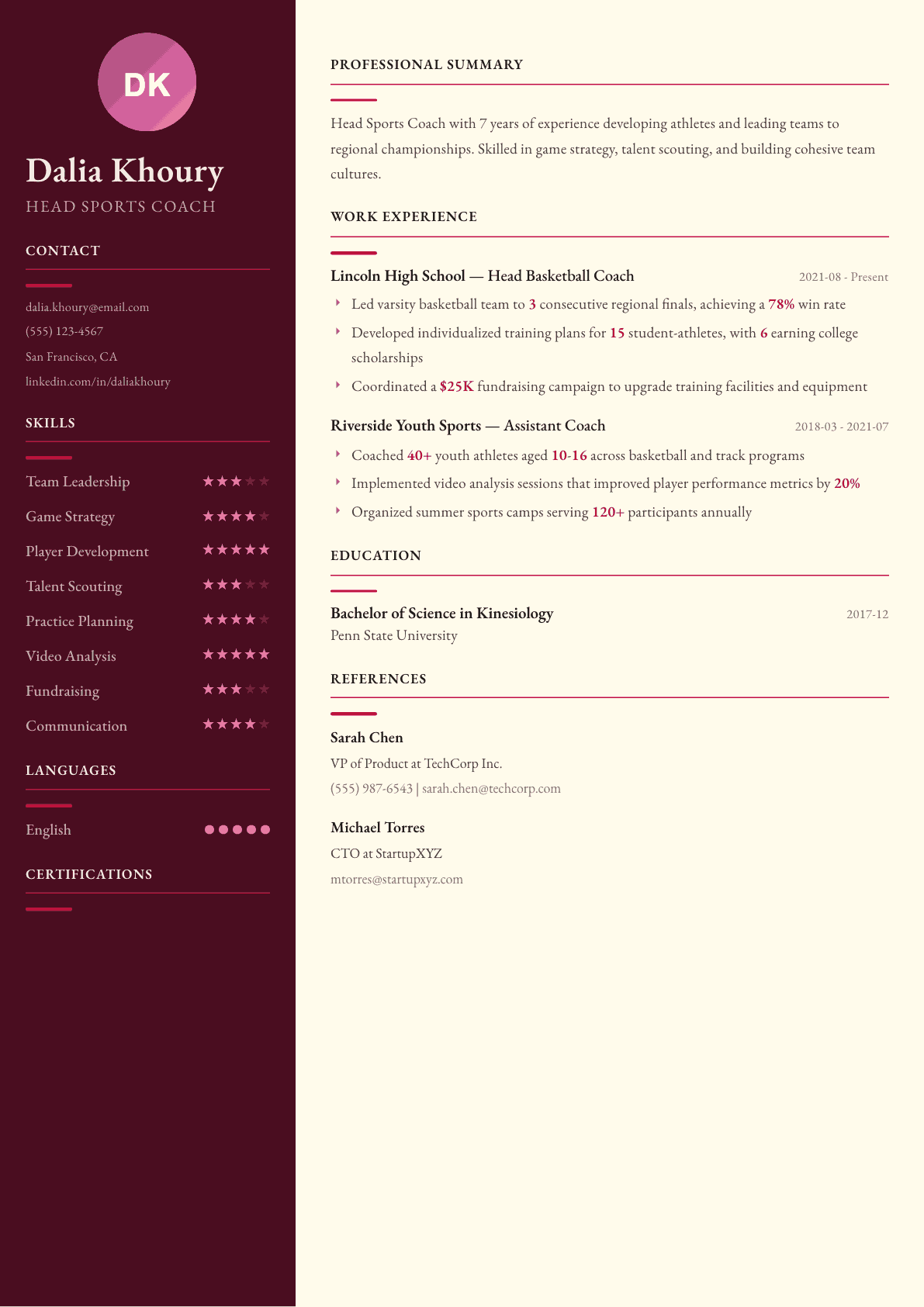 Sports Coach resume example, Dubai template