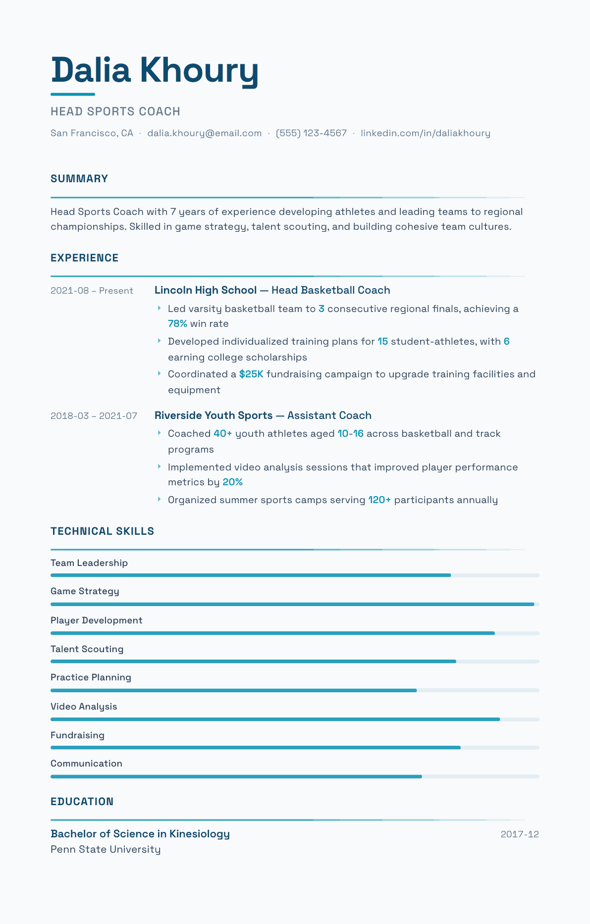 Sports Coach resume example, Velocity template