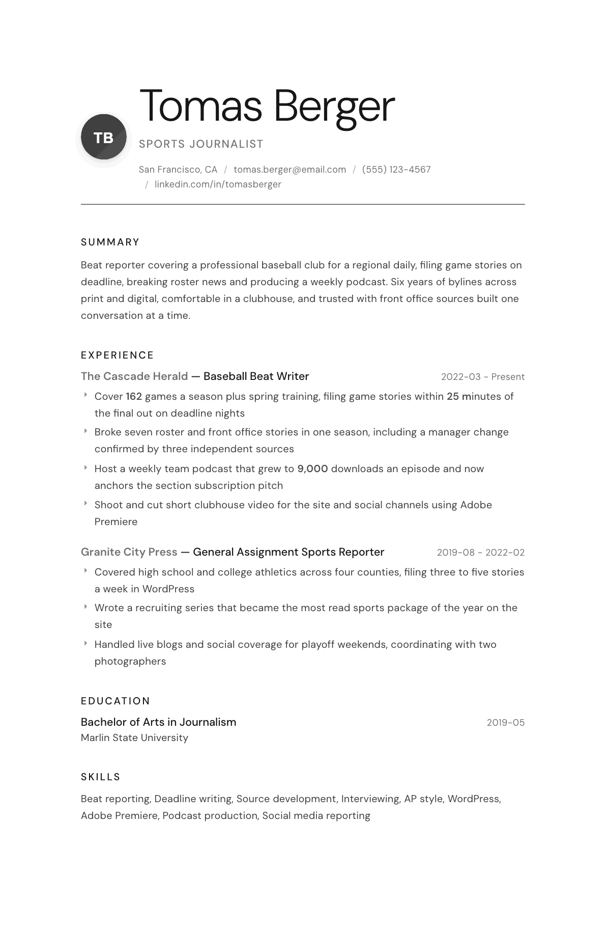 Sports Journalist resume example, Whisper template