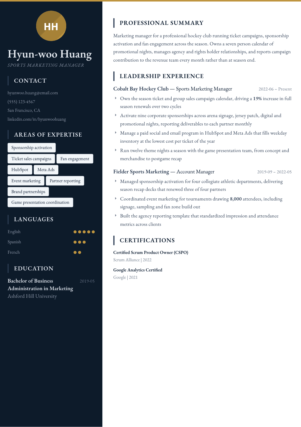 Sports Marketing Manager resume example, Presidio template