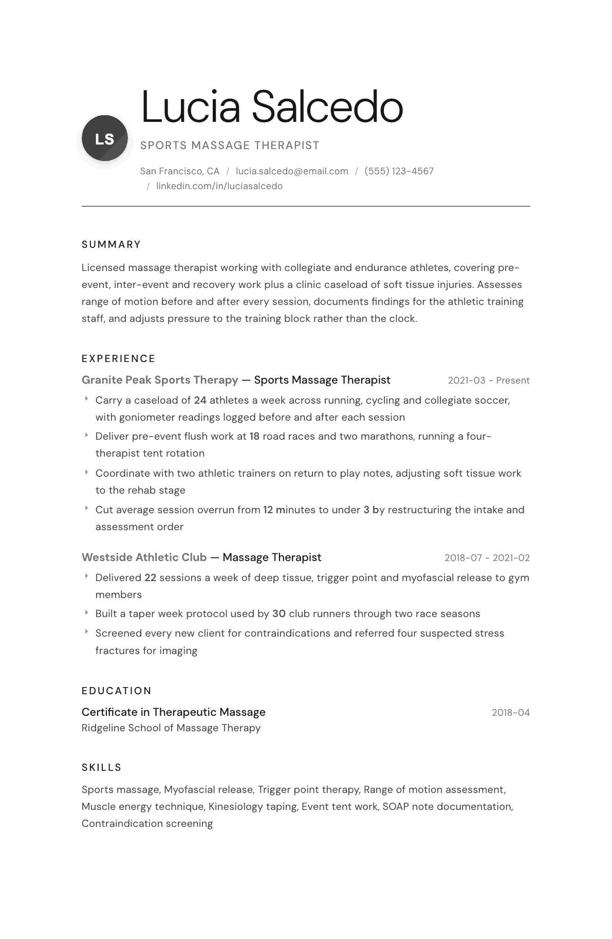 Sports Massage Therapist resume example, Whisper template