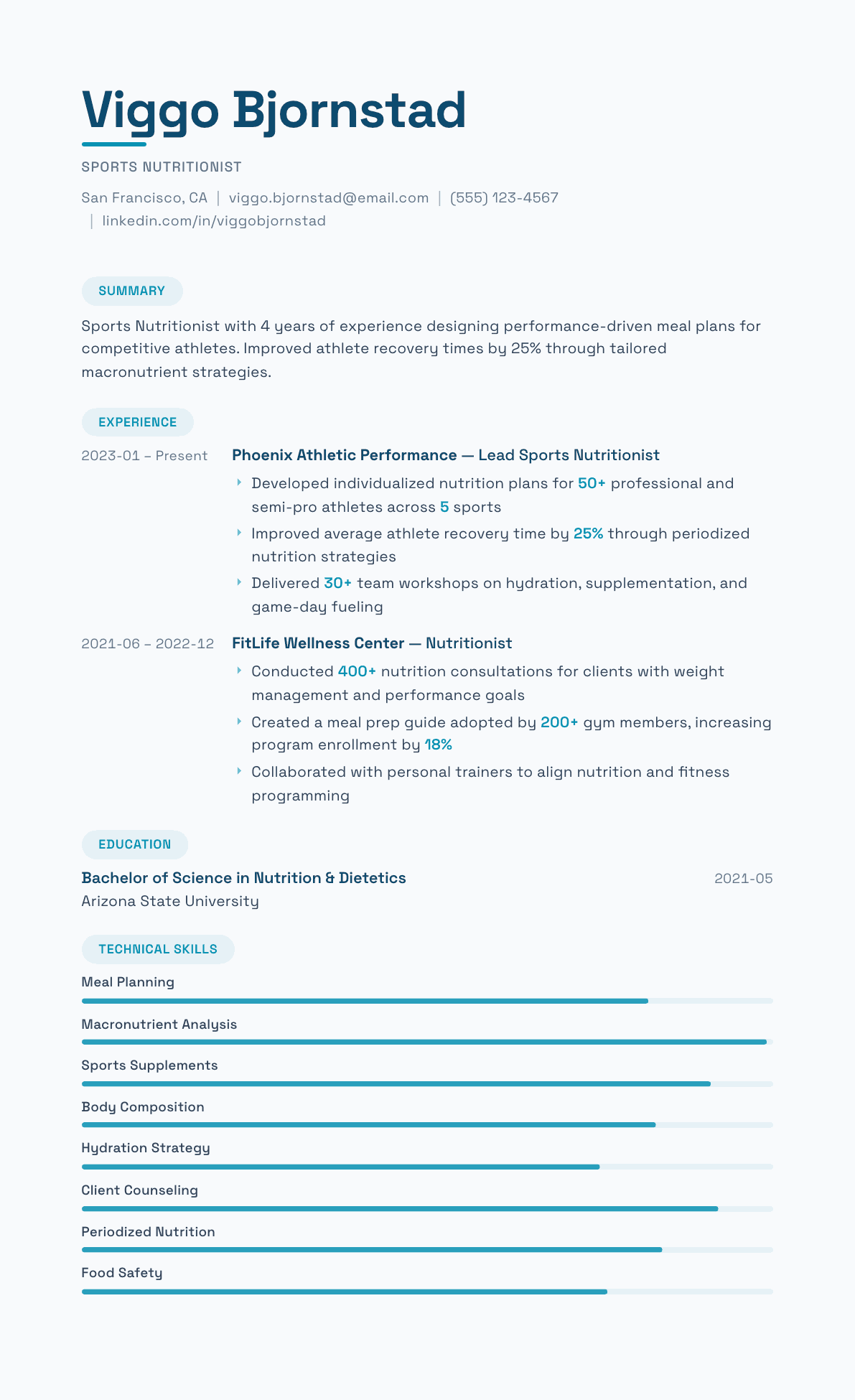 Sports Nutritionist resume example, Horizon template