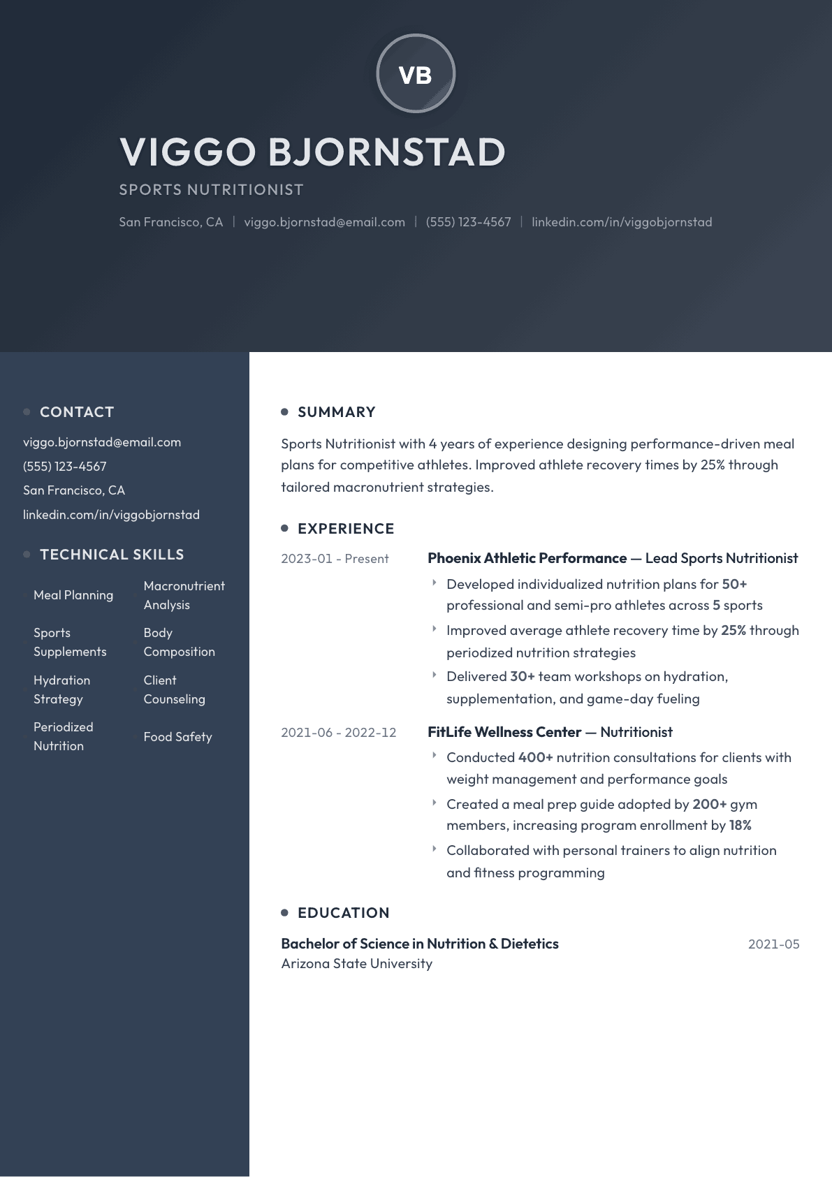 Sports Nutritionist resume example, Binary template