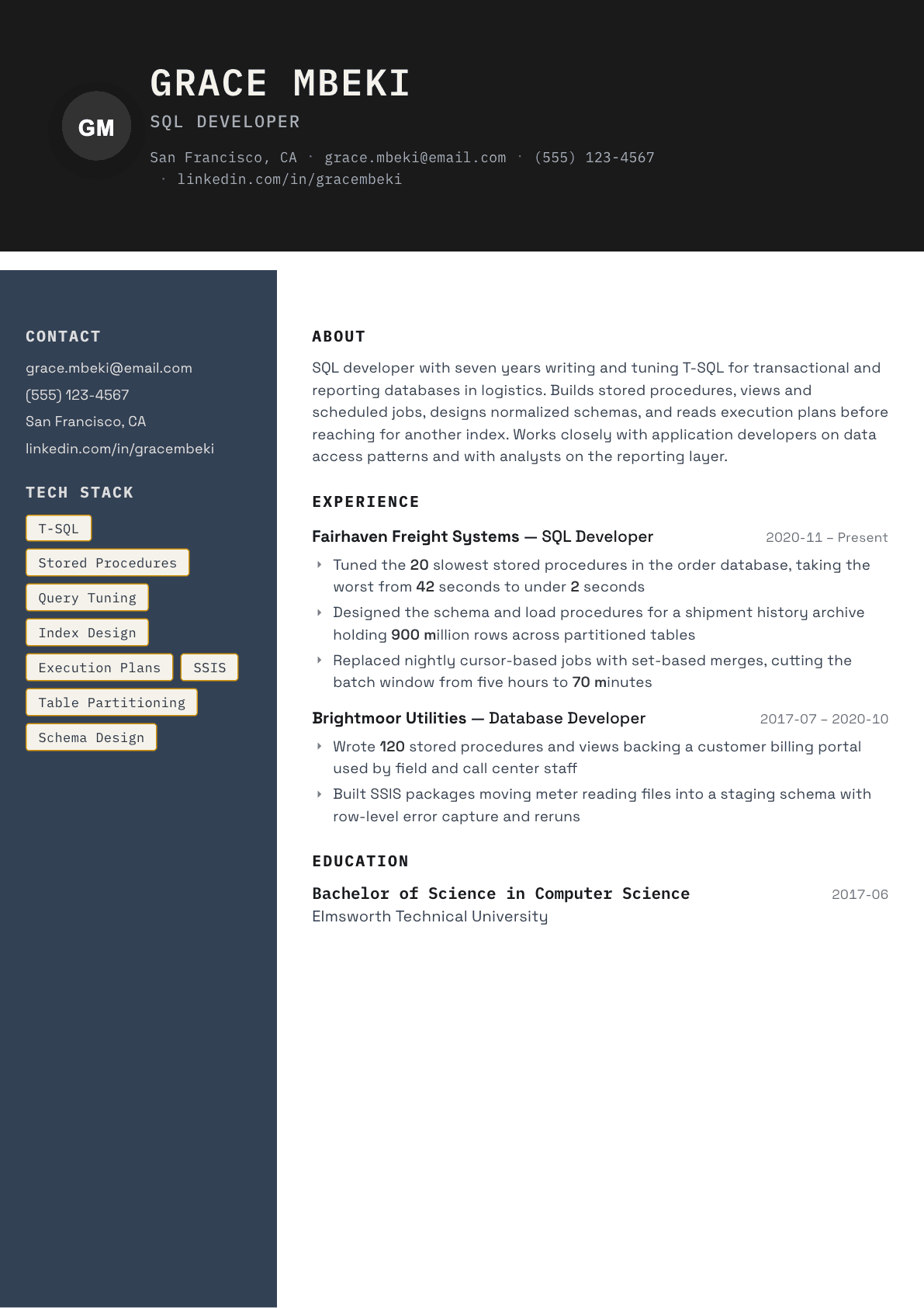 SQL Developer resume example, Codebase template