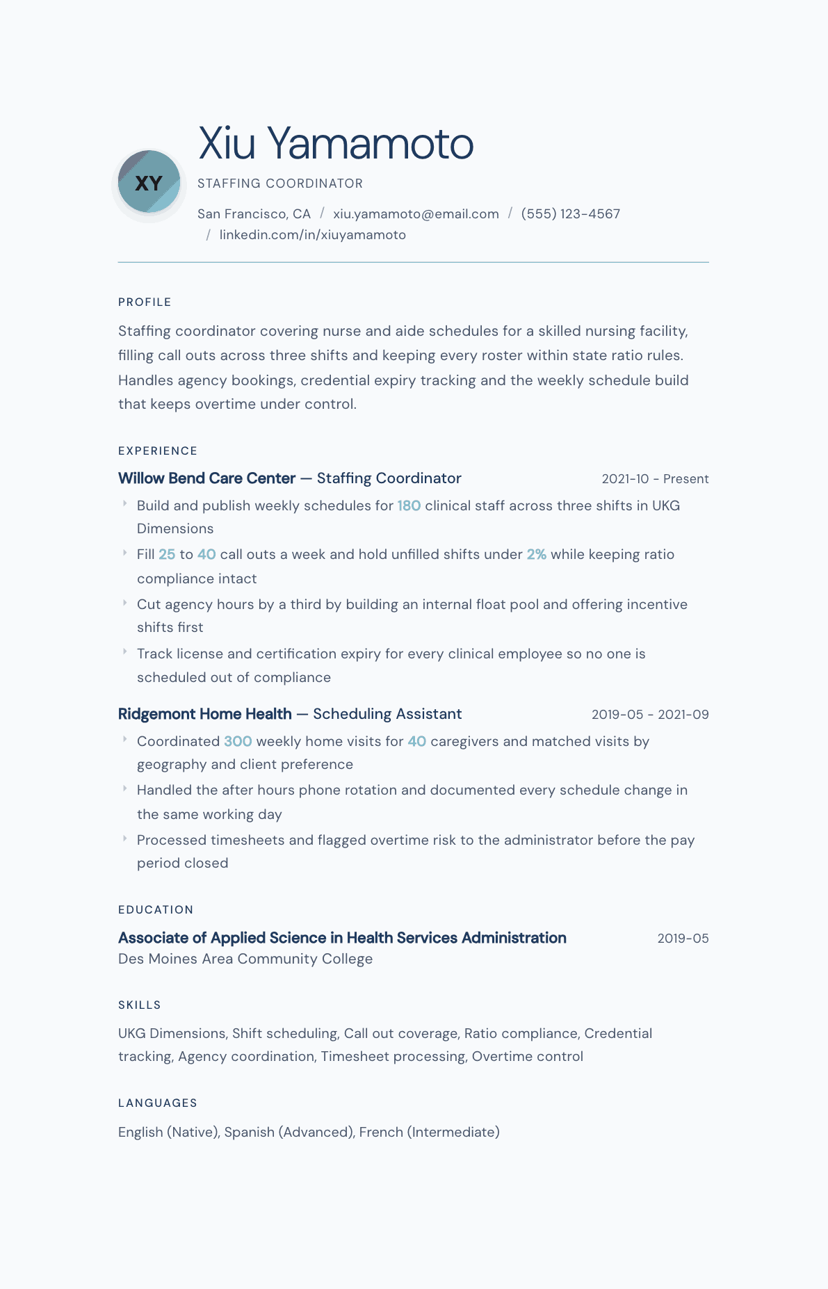 Staffing Coordinator resume example, Nordic Frost template
