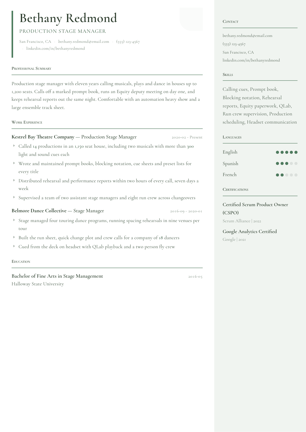 Stage Manager resume example, Copenhagen template