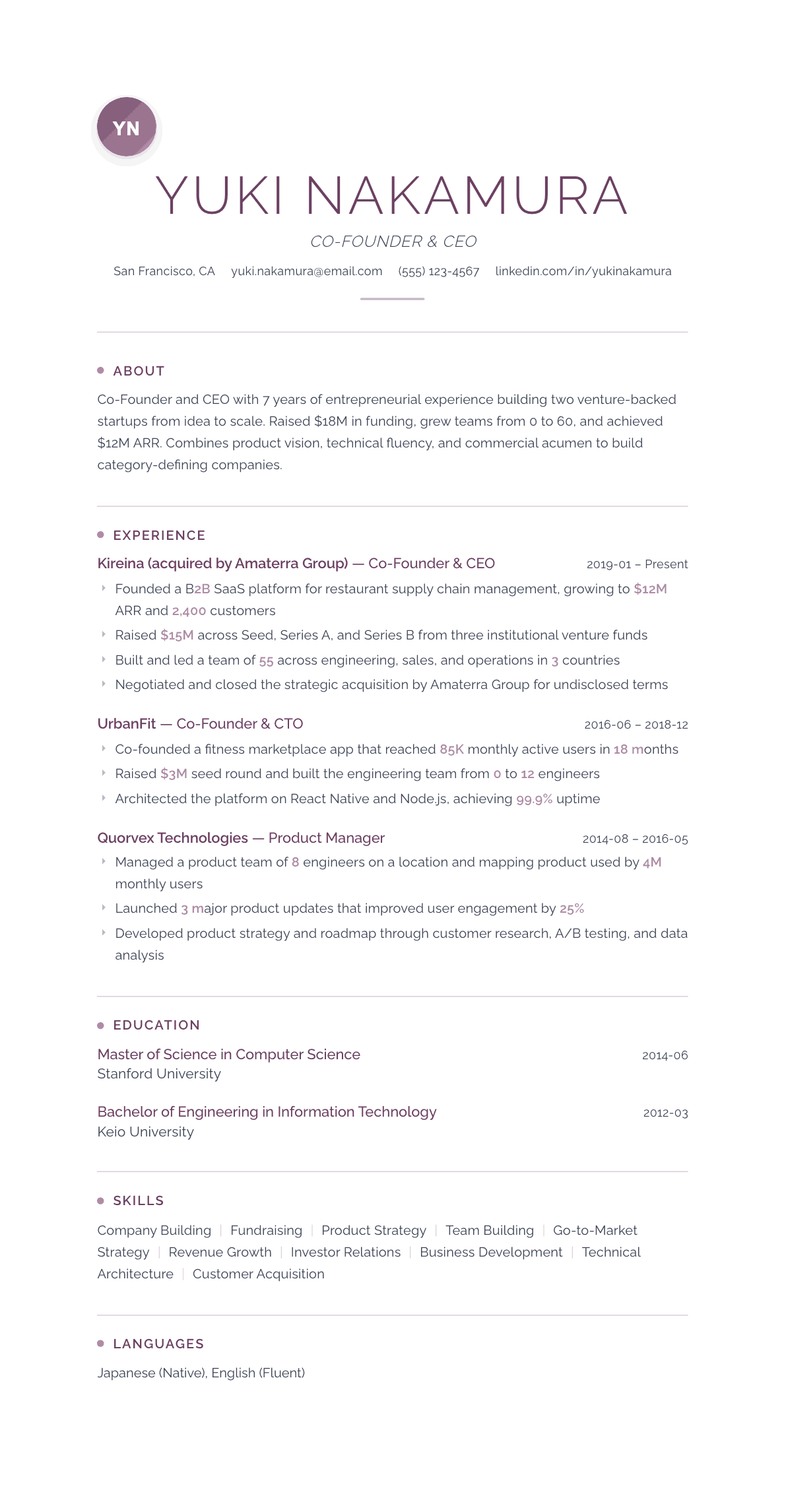 Startup Founder resume example, Serenity template