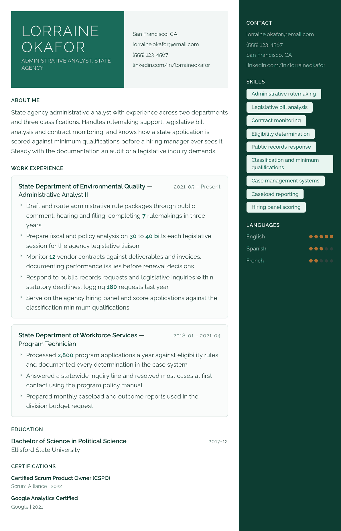 State Government Employee resume example, Aurora template
