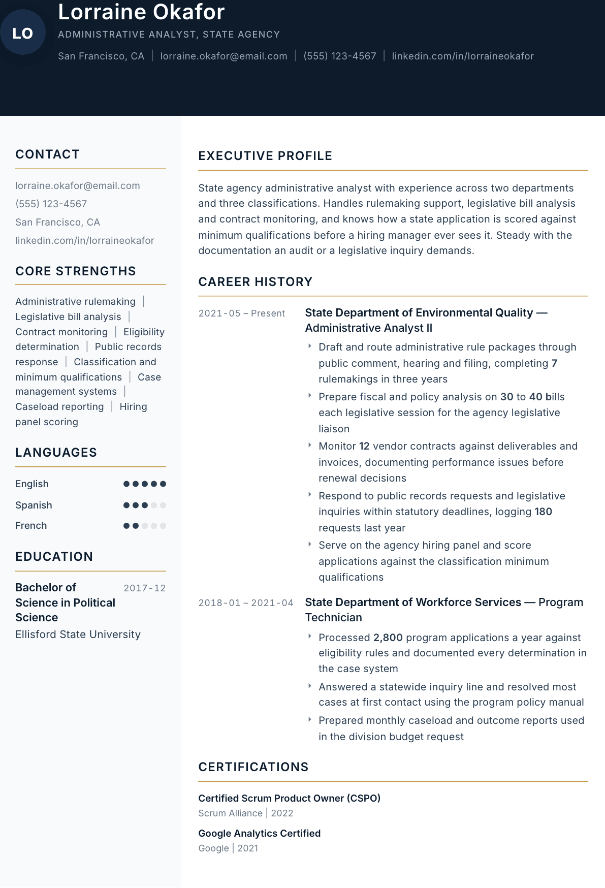 State Government Employee resume example, Consulate template