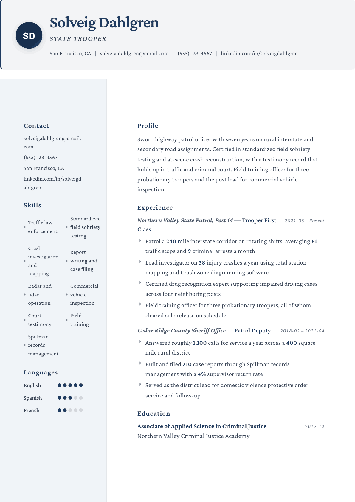 State Trooper resume example, Formal template