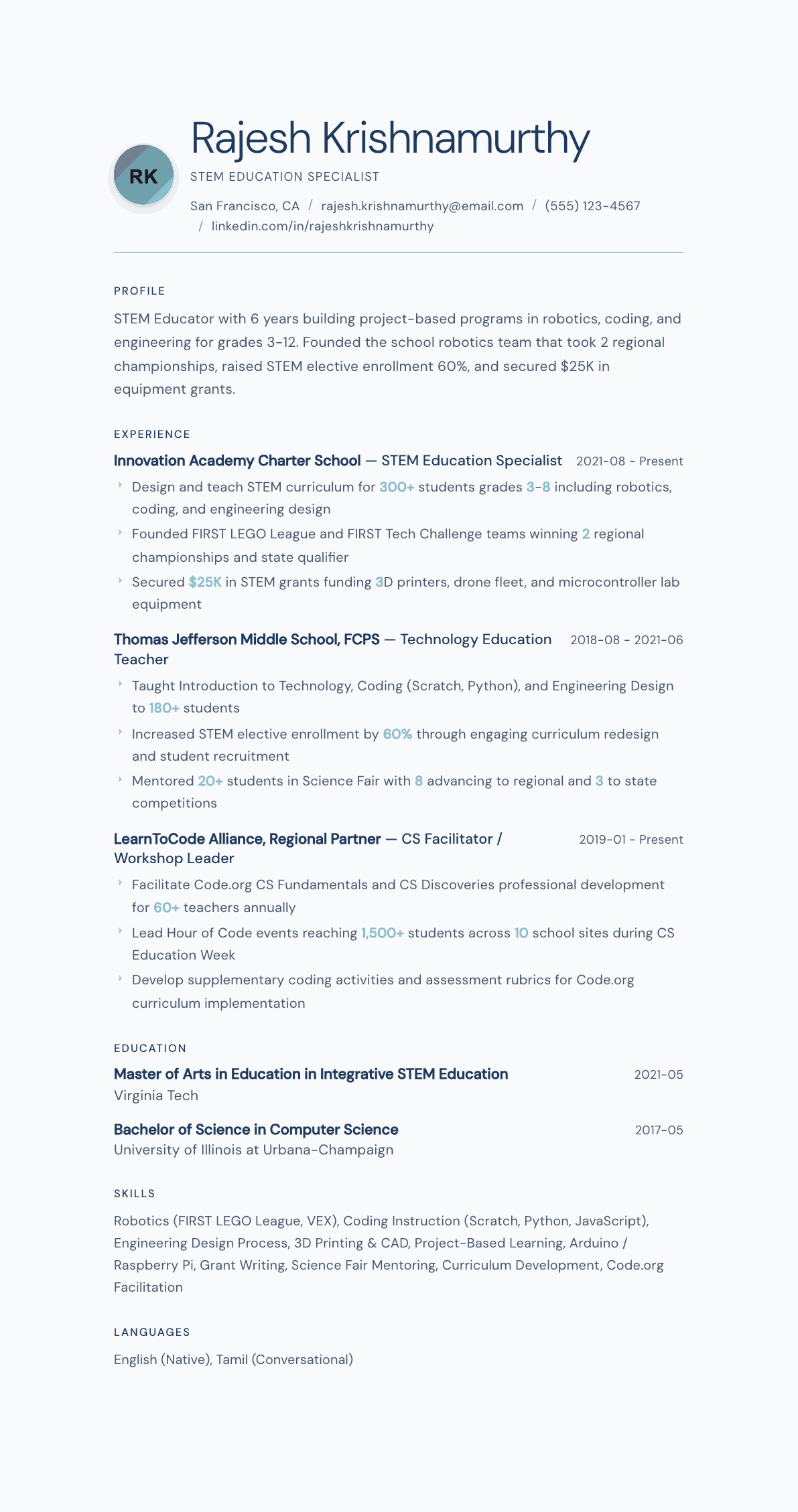 STEM Educator resume example, Nordic Frost template