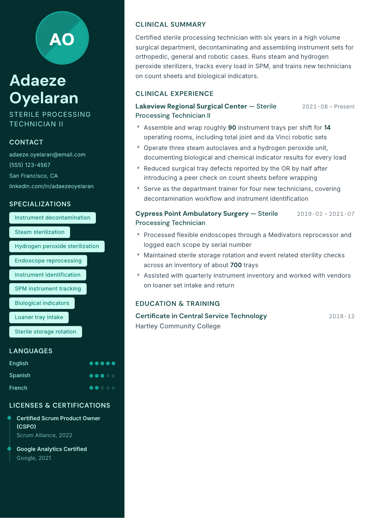 Sterile Processing Technician resume example, Vitalis template