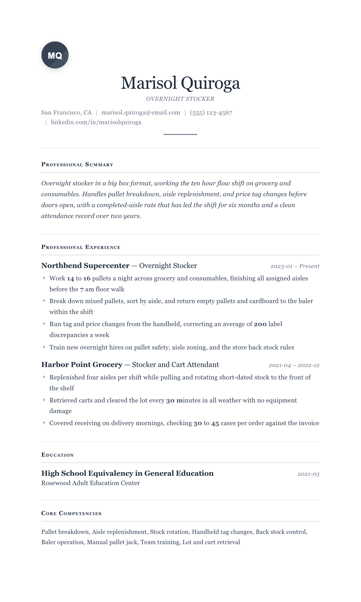 Stocker resume example, Cornerstone template