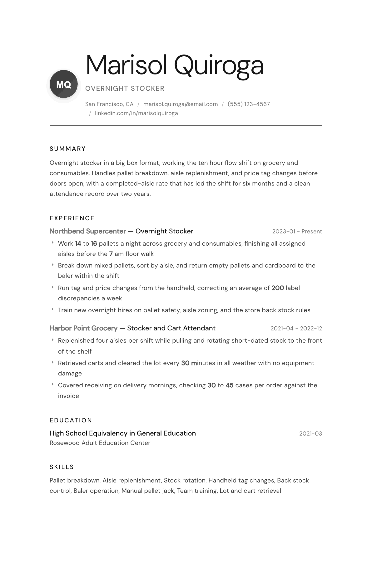 Stocker resume example, Whisper template