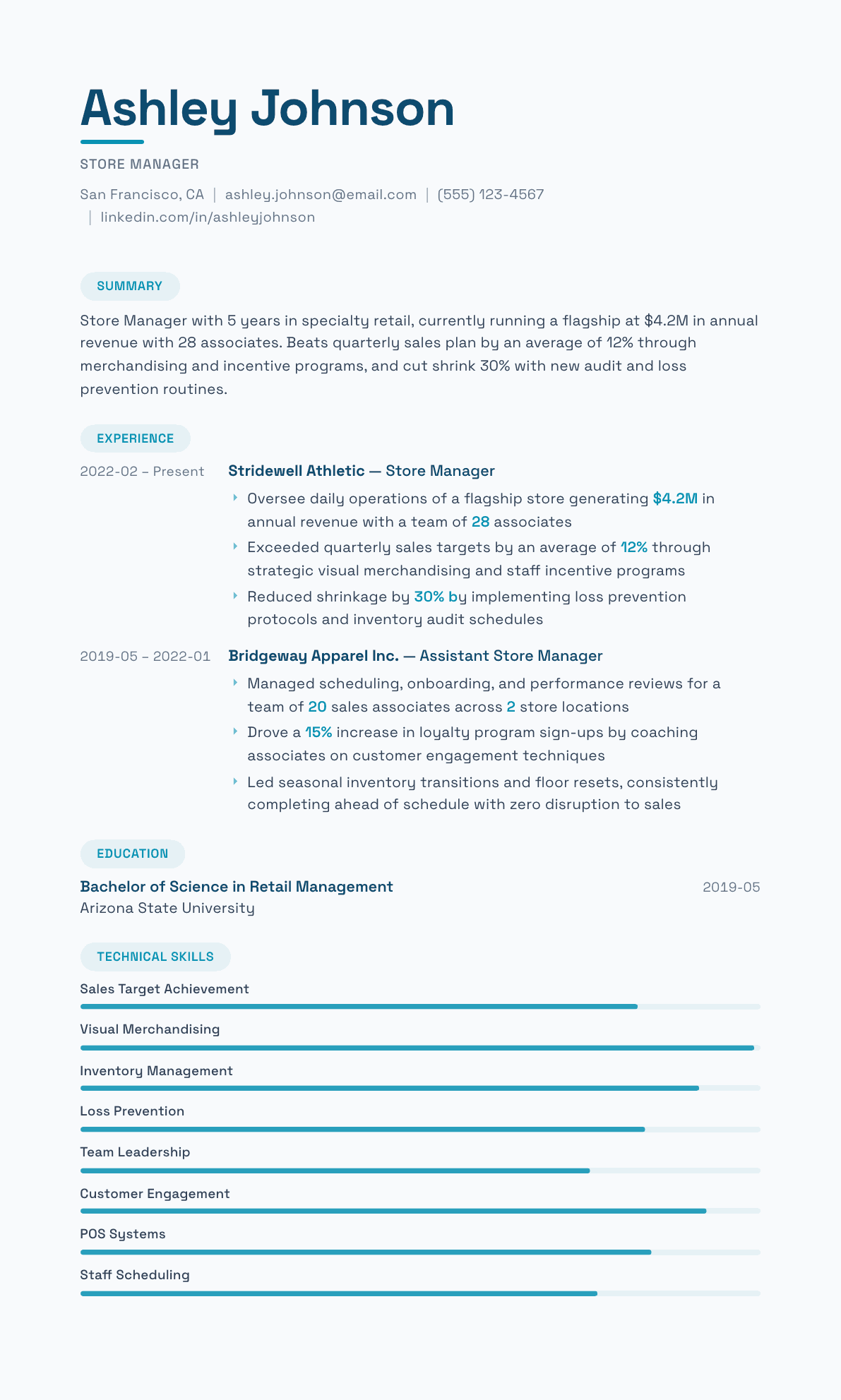 Store Manager resume example, Horizon template