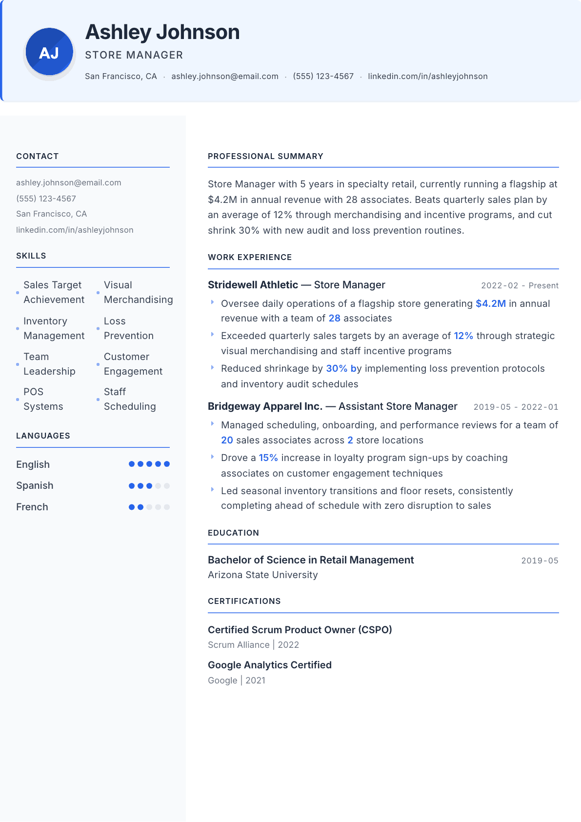 Store Manager resume example, Geneva template