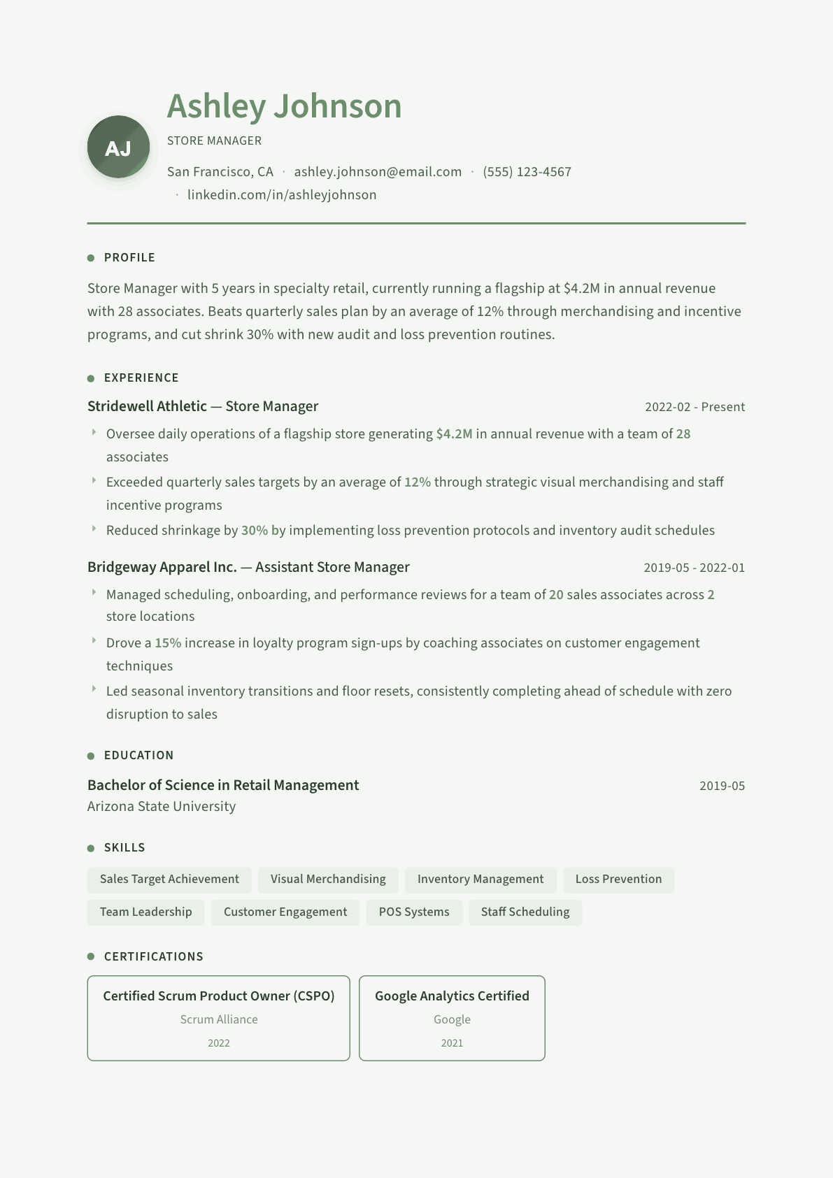 Store Manager resume example, Sage Garden template
