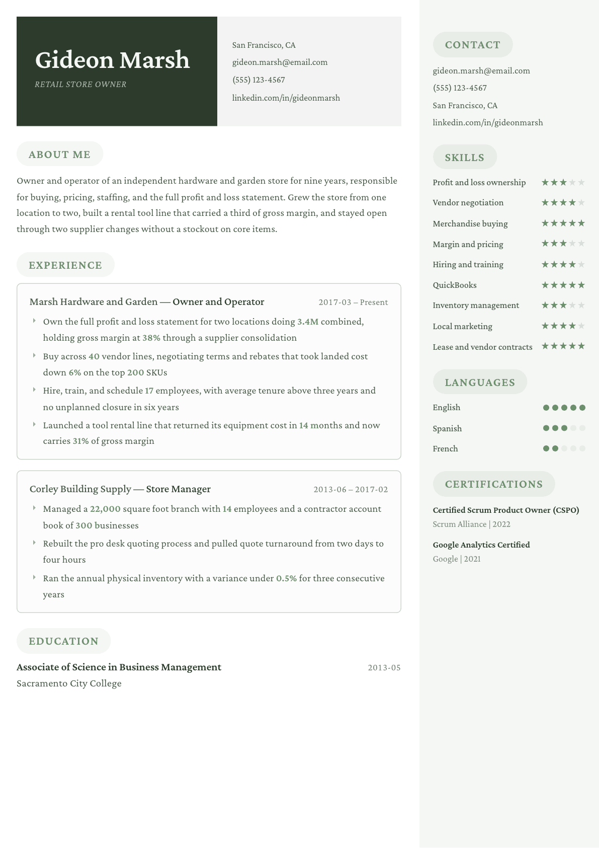 Store Owner resume example, Mayfair template