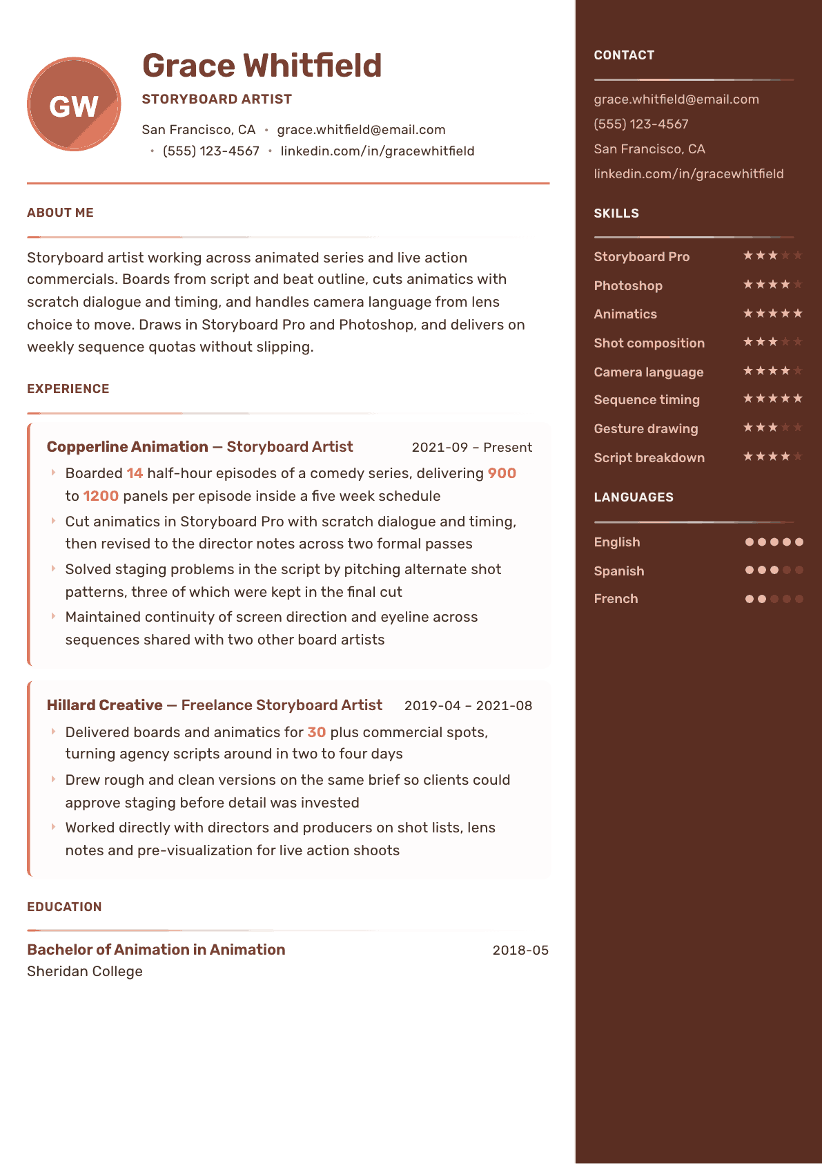 Storyboard Artist resume example, Mosaic template