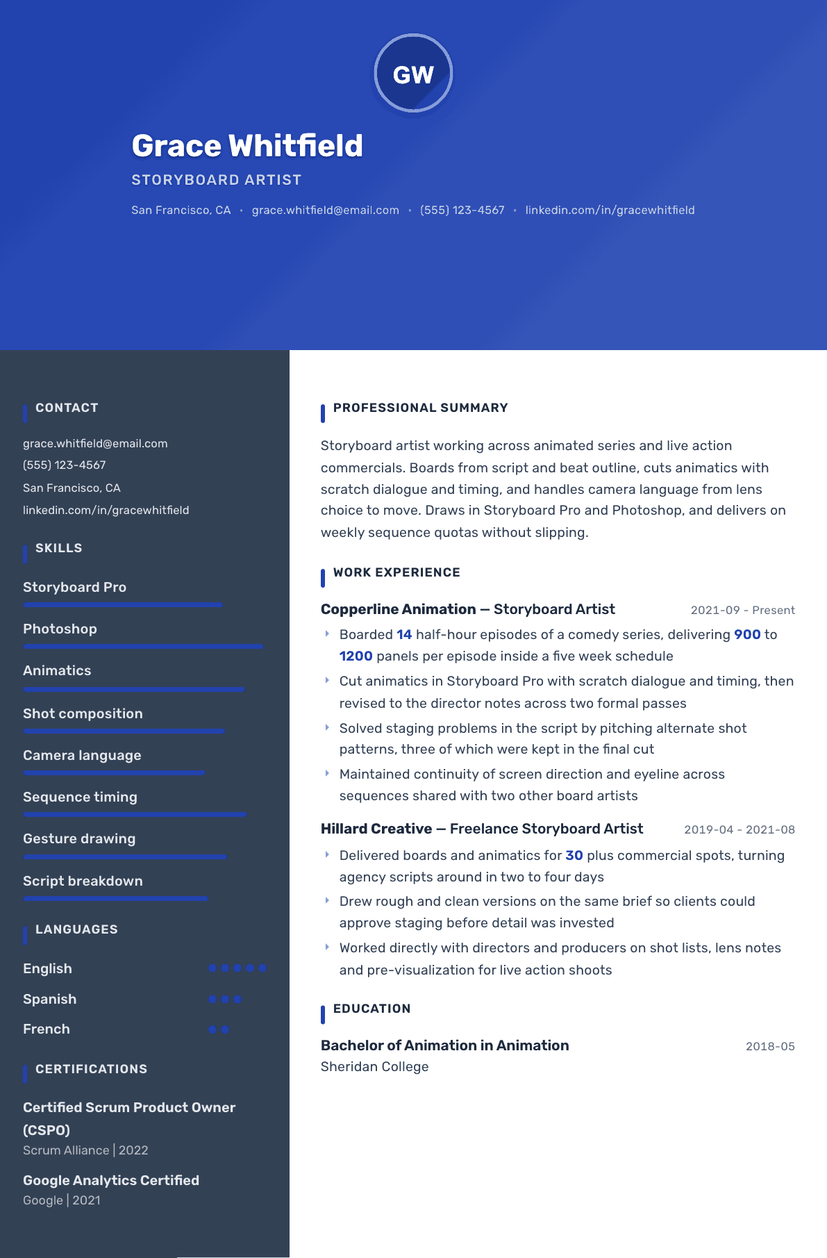 Storyboard Artist resume example, Barcelona template