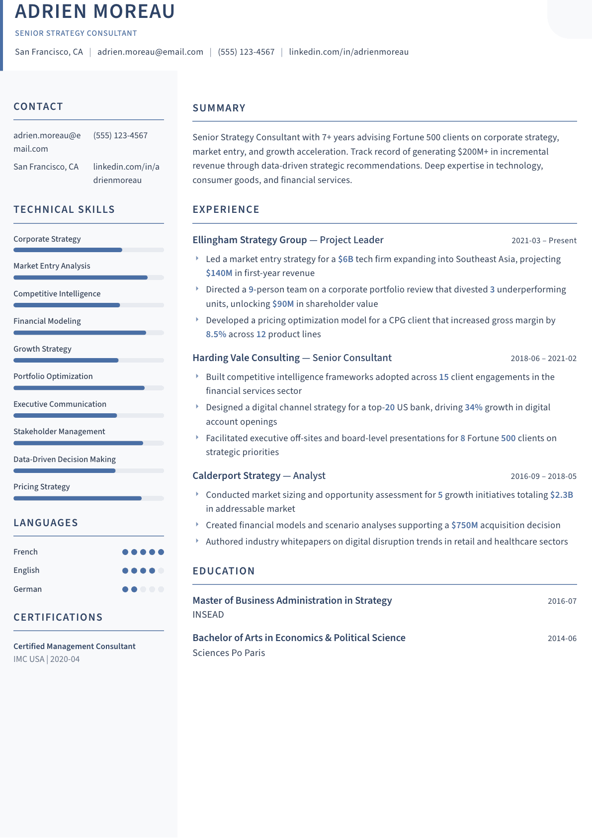 Strategy Consultant resume example, Summit template
