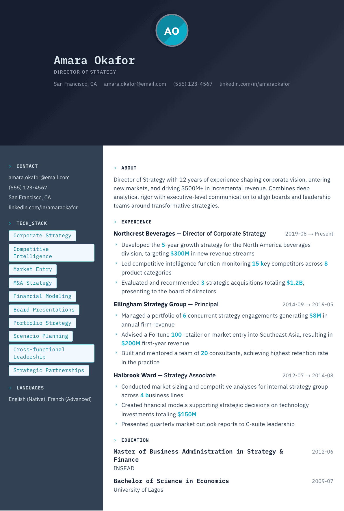 Strategy Director resume example, Code Terminal template
