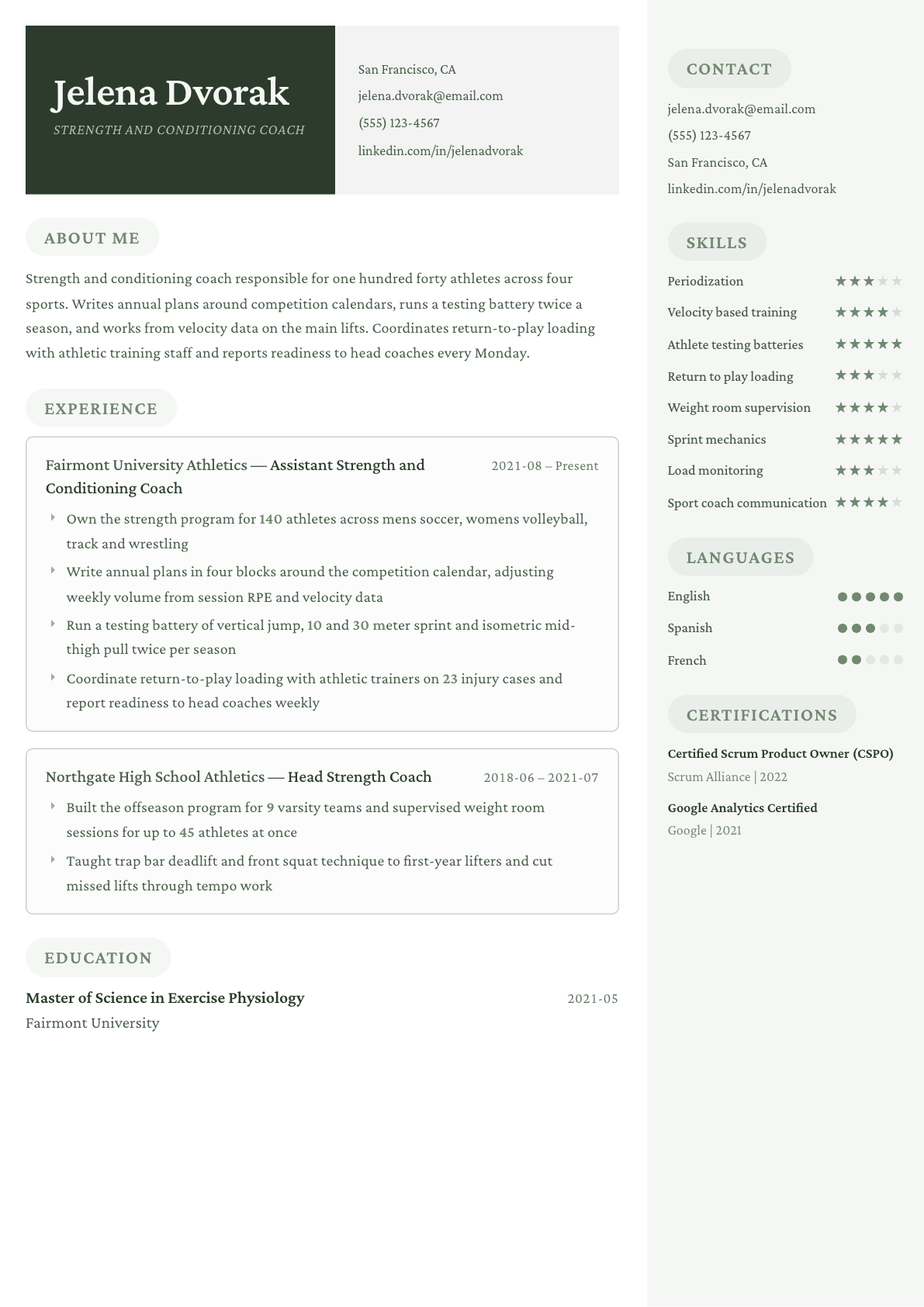 Strength and Conditioning Coach resume example, Mayfair template