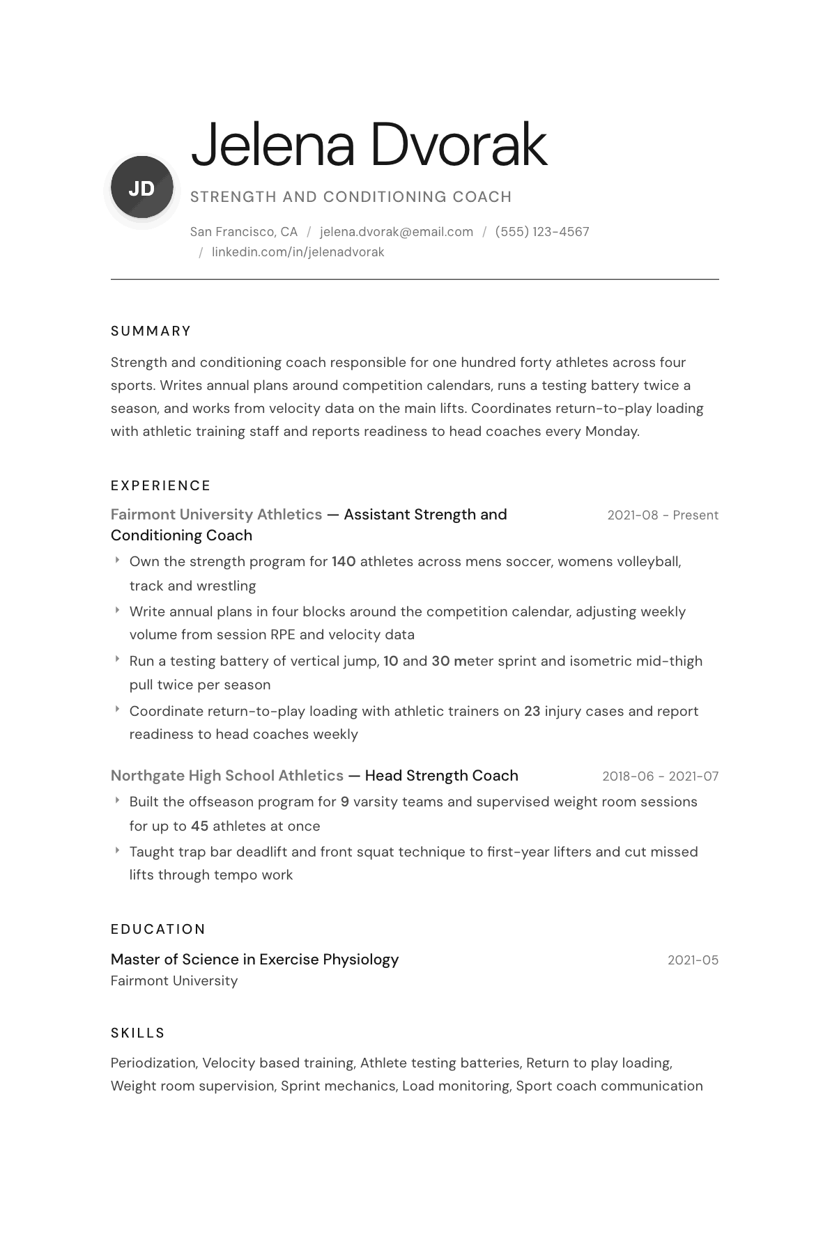 Strength and Conditioning Coach resume example, Whisper template