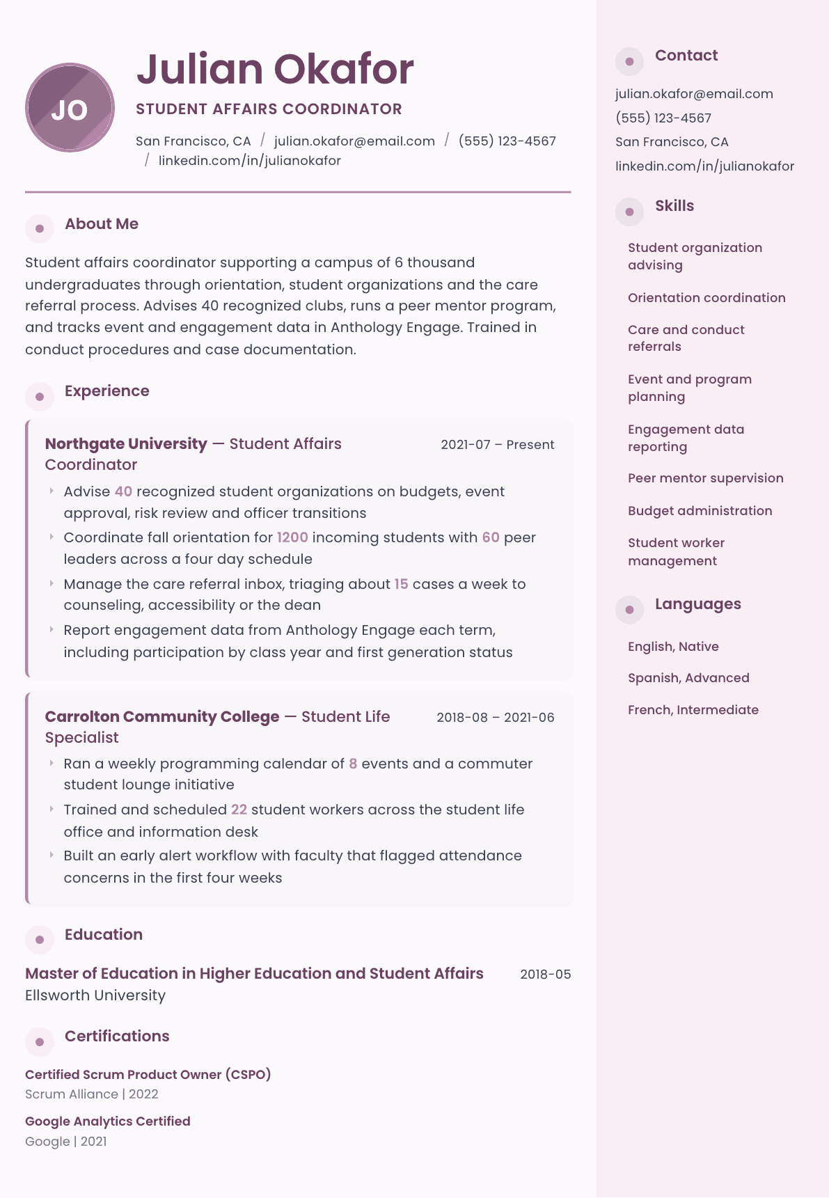 Student Affairs Coordinator resume example, Bloom template