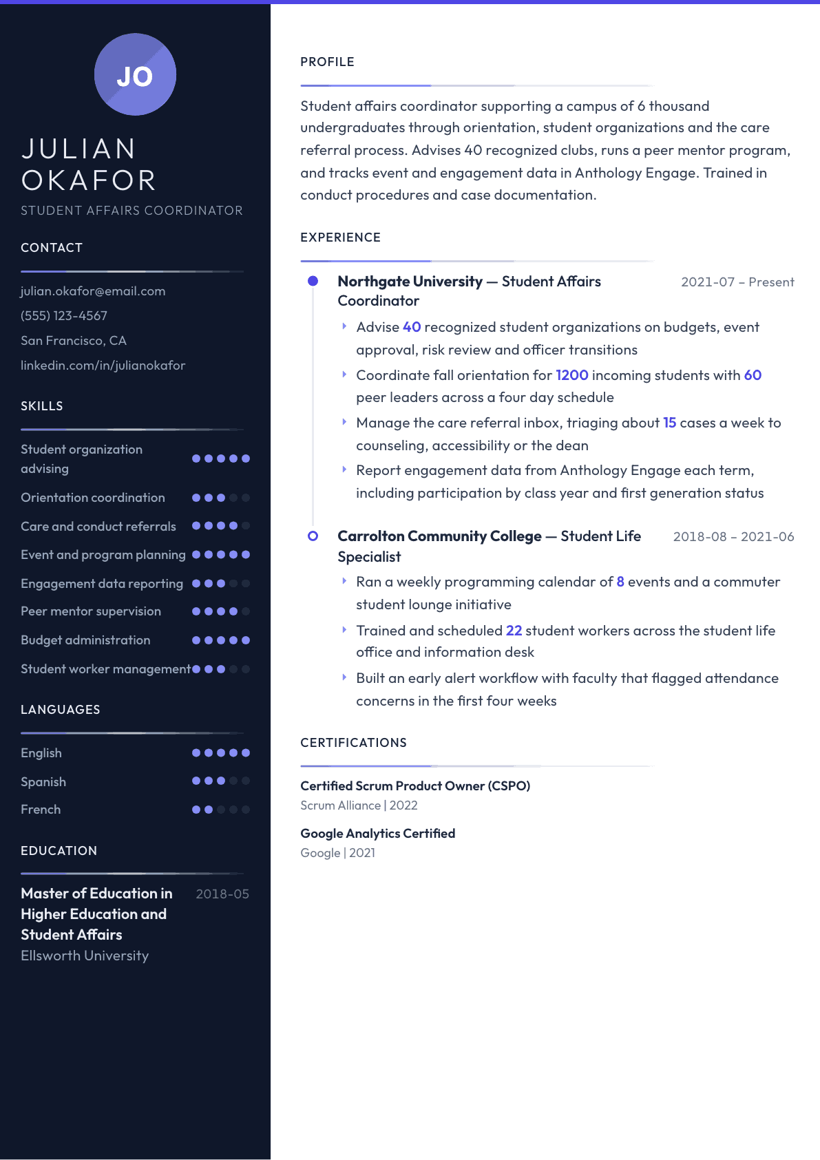 Student Affairs Coordinator resume example, Zenith template