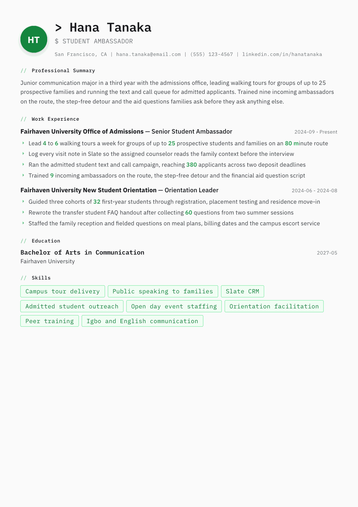 Student Ambassador resume example, Amsterdam template