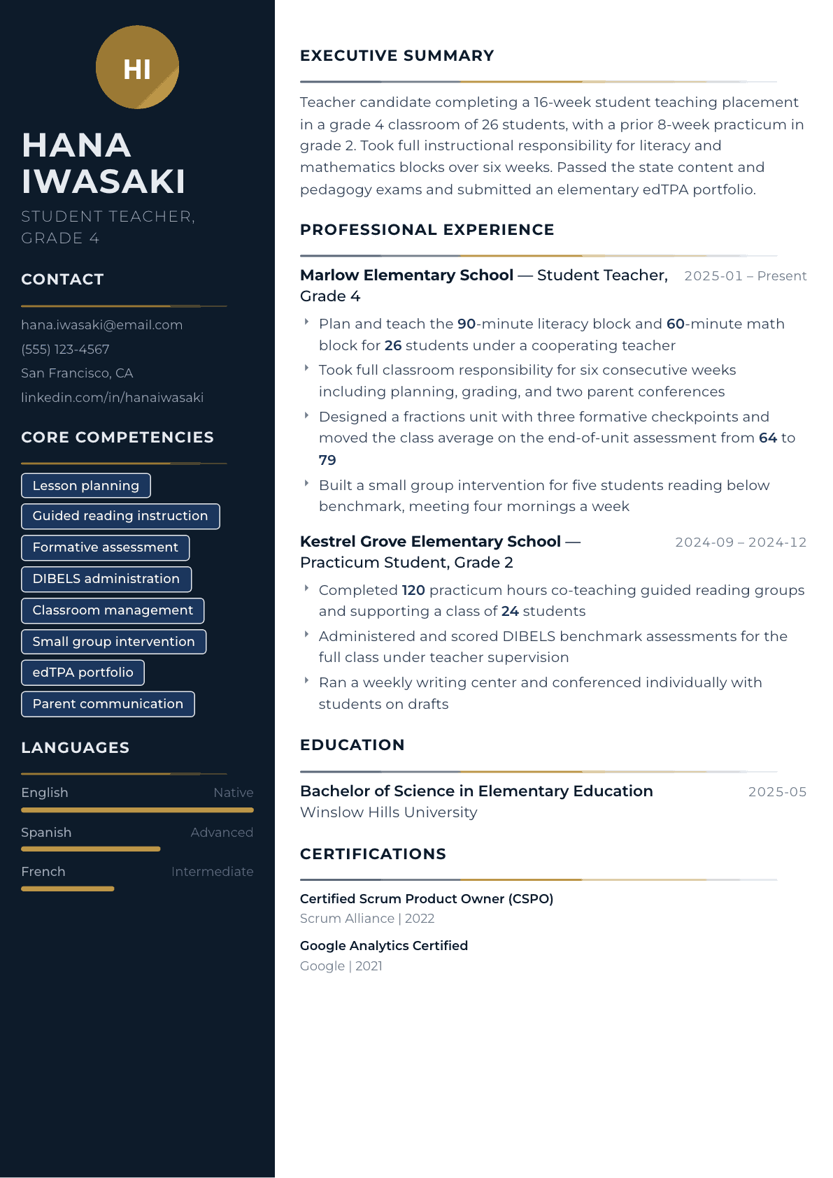 Student Teacher resume example, Catalyst template