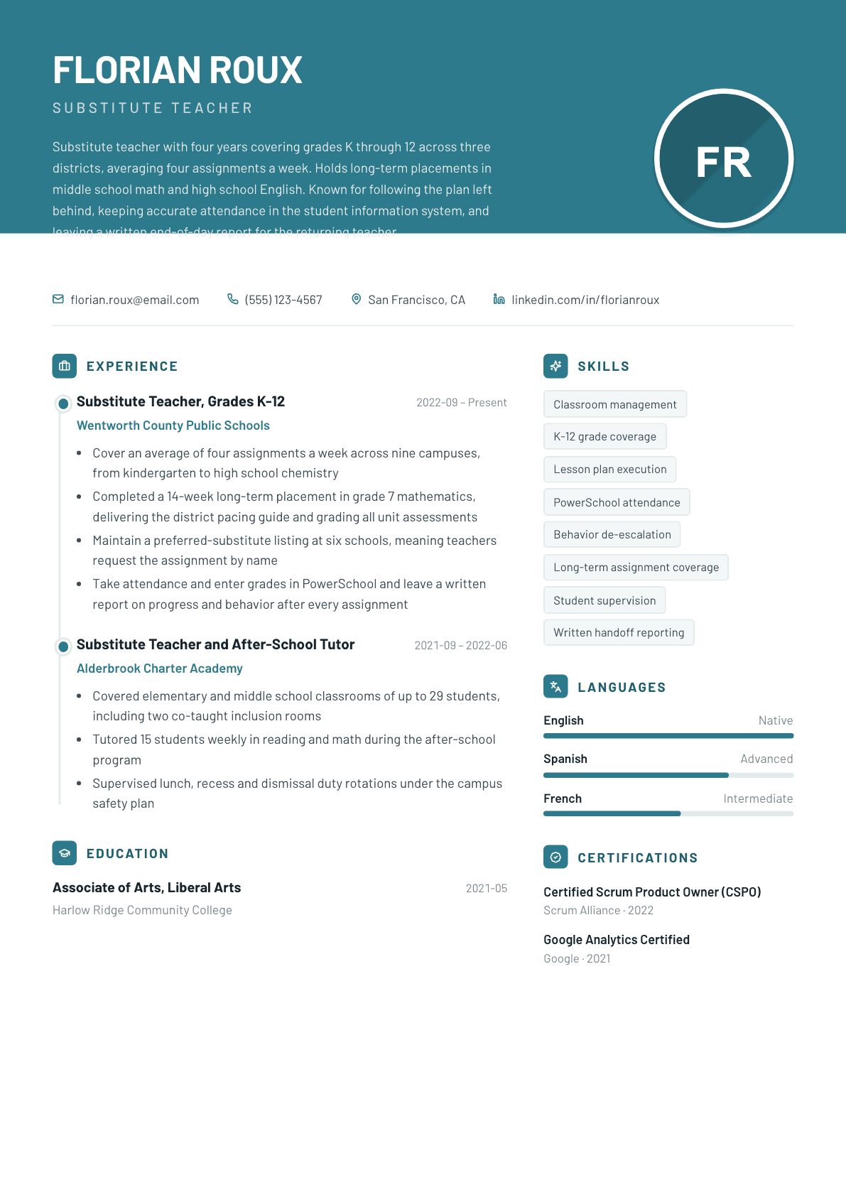 Substitute Teacher resume example, Harbor template